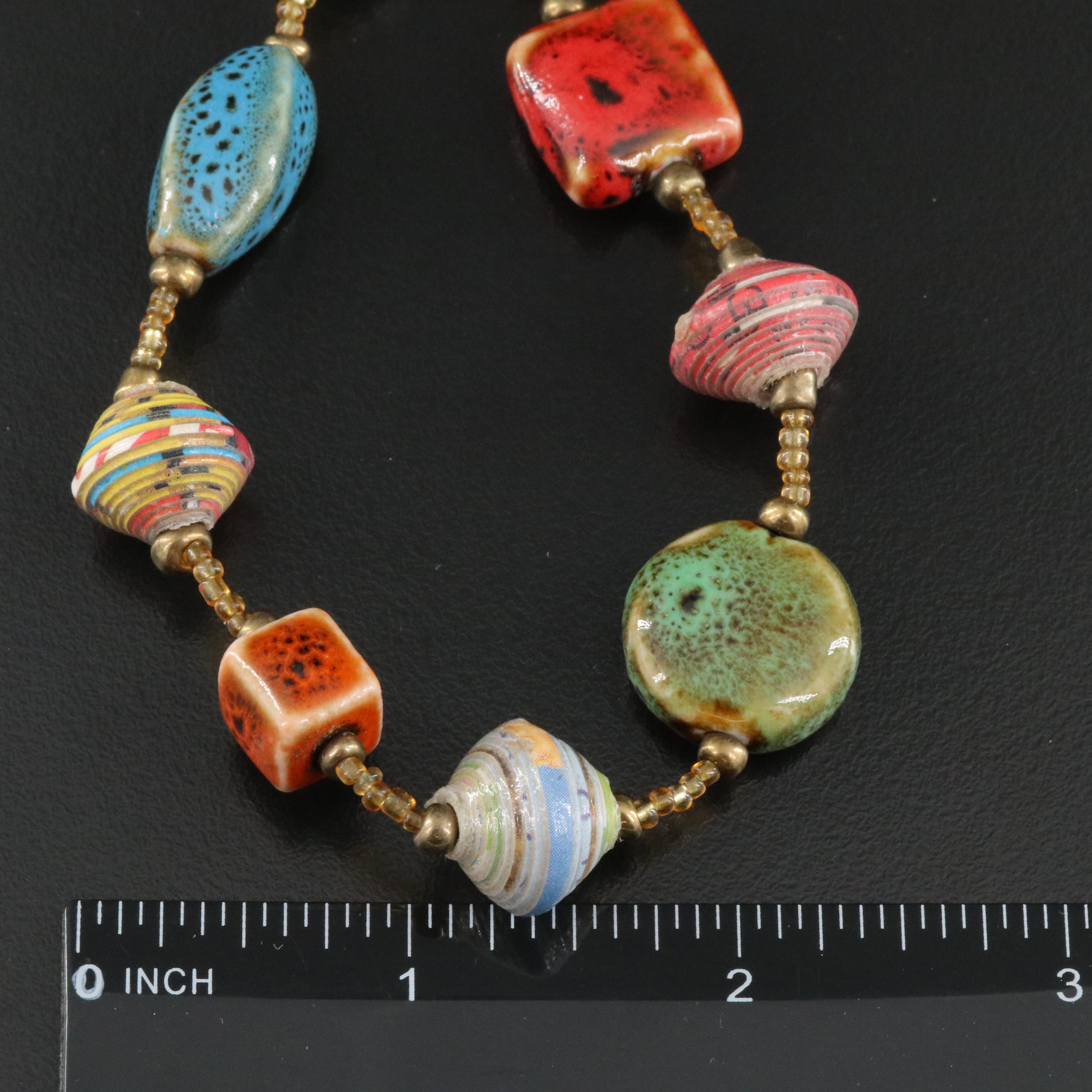 Ceramic, Glass and Rolled Paper Bead Necklace