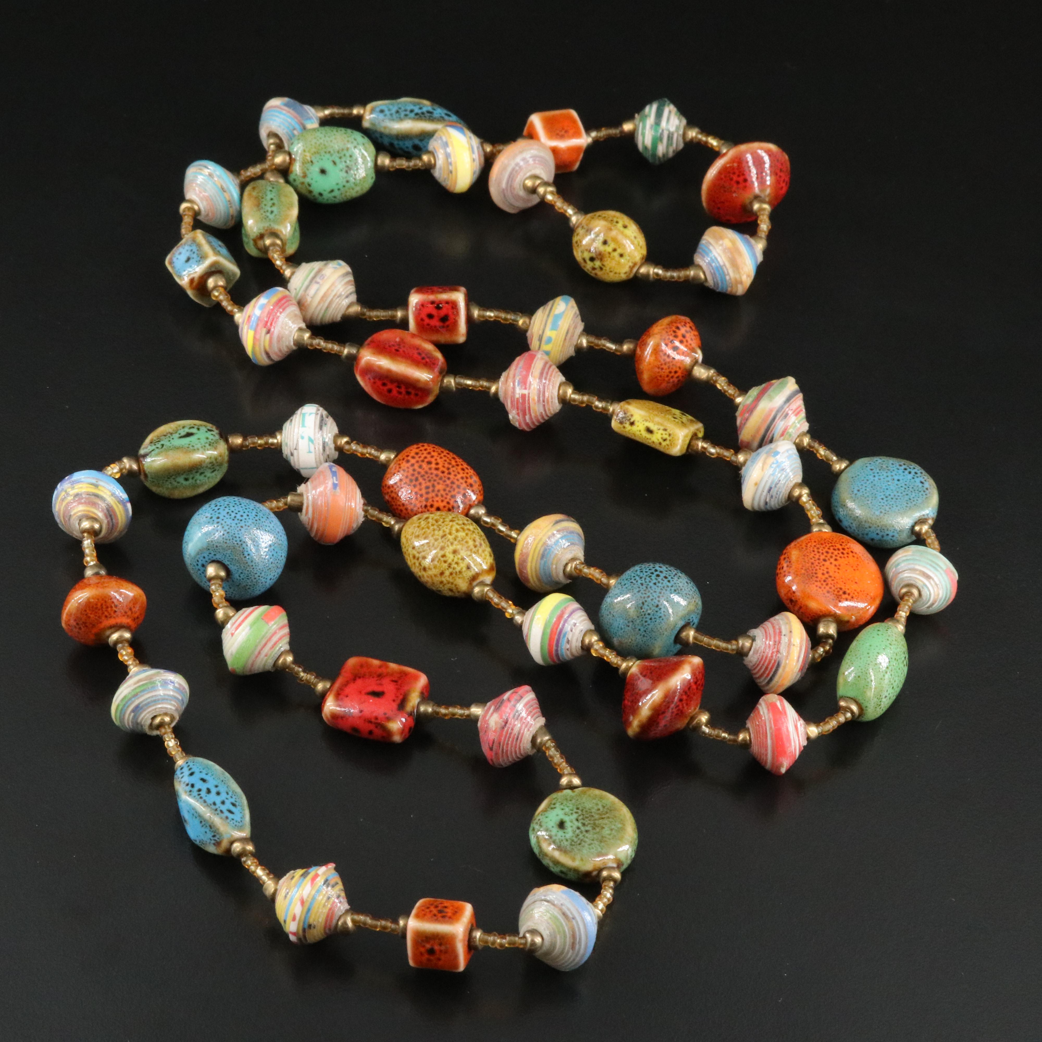 Ceramic, Glass and Rolled Paper Bead Necklace