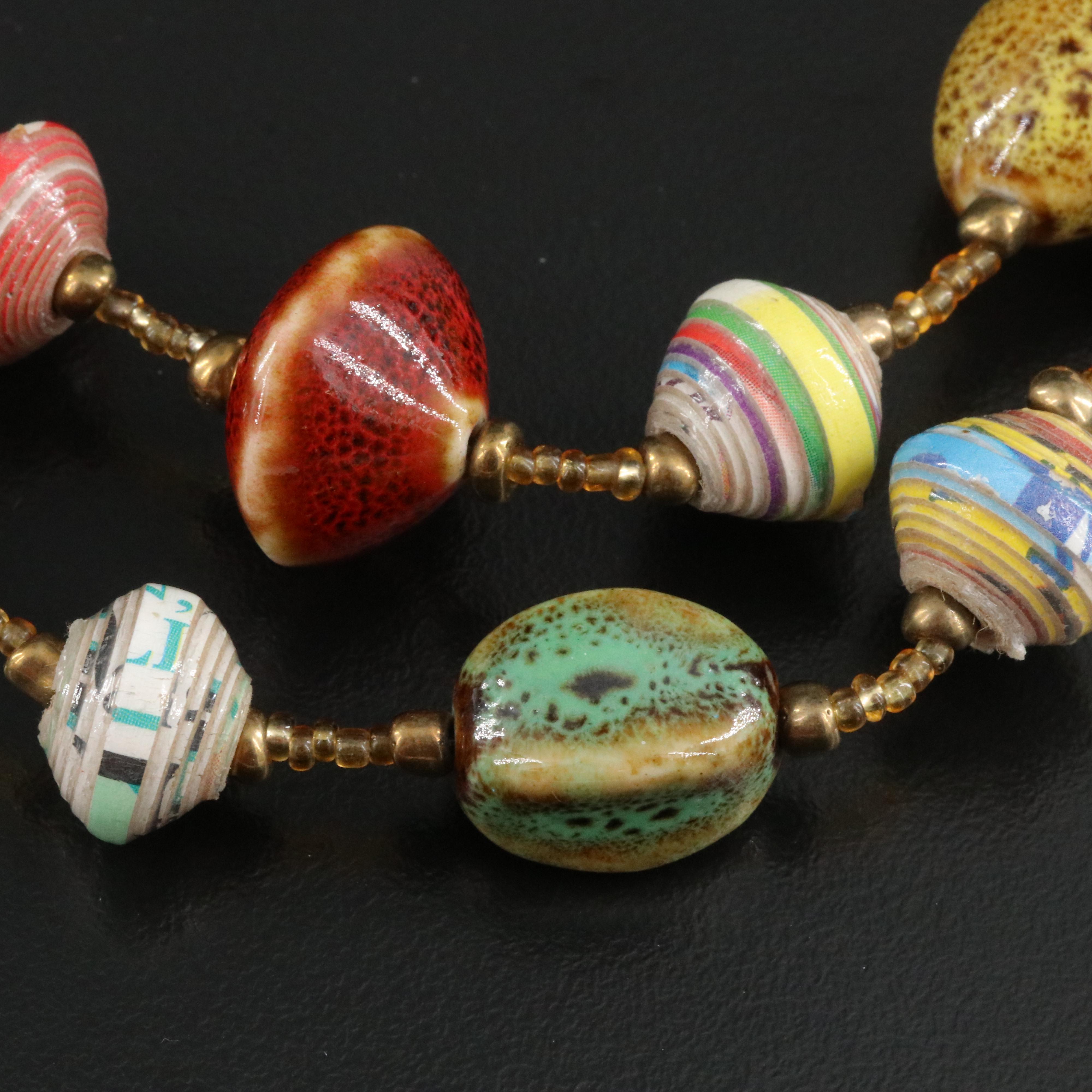 Ceramic, Glass and Rolled Paper Bead Necklace