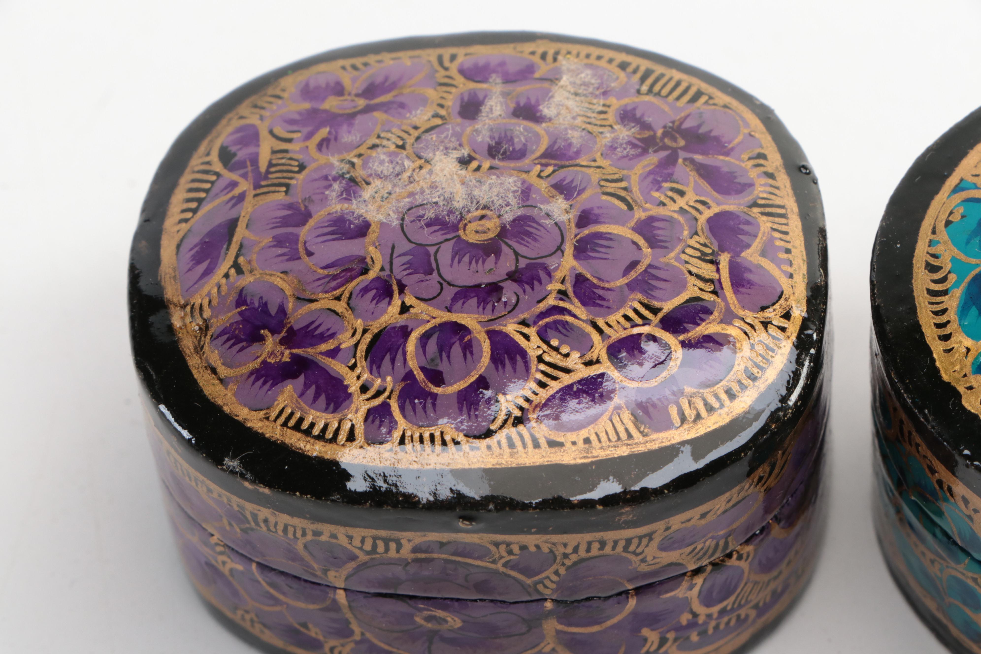 Indian Folk Art Hand-Painted Kashmiri Papier-Mâché Boxes