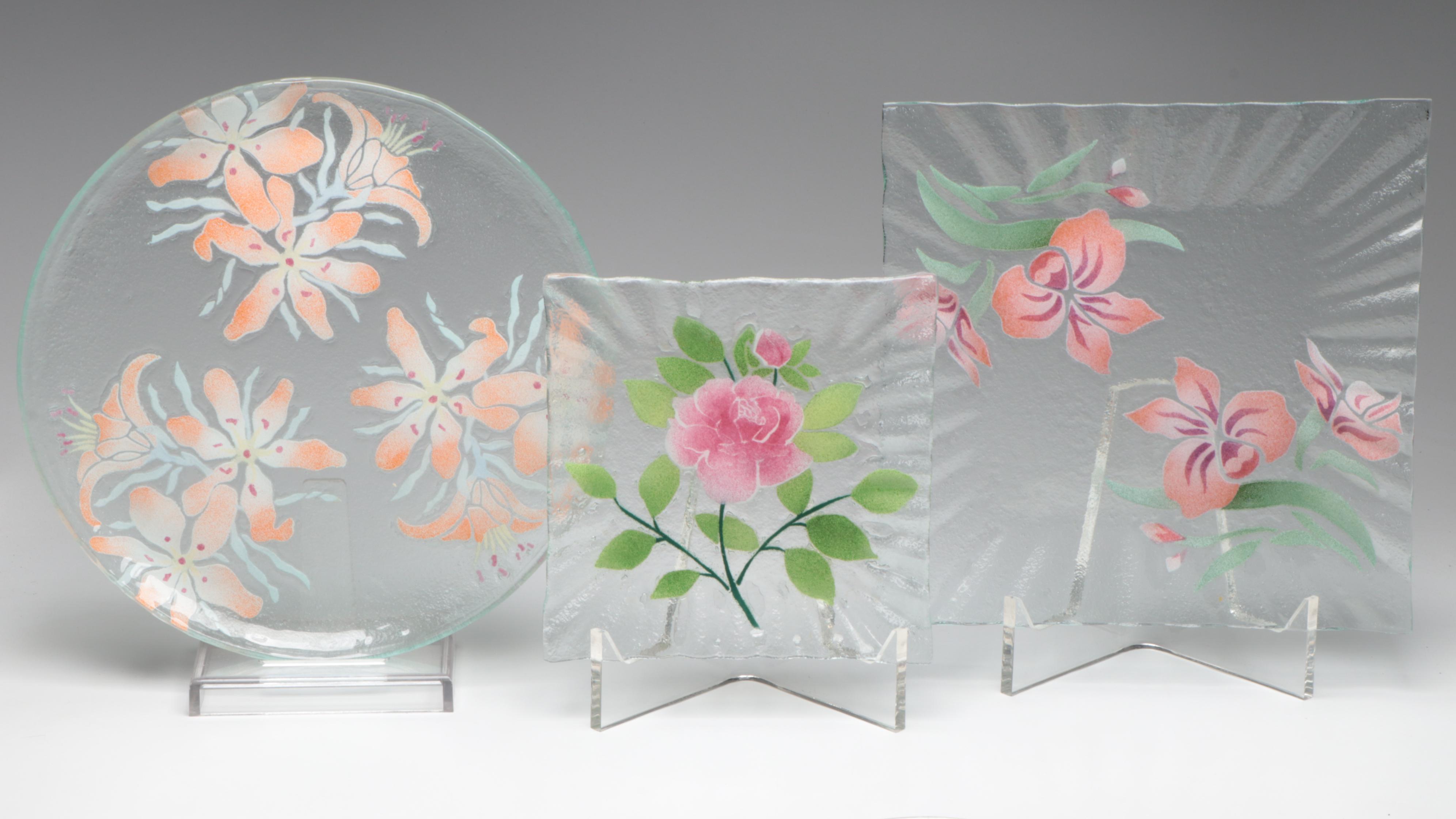 Sydenstricker Fused Glass Floral Plates and Trays, Late 20th/Early 21st Century