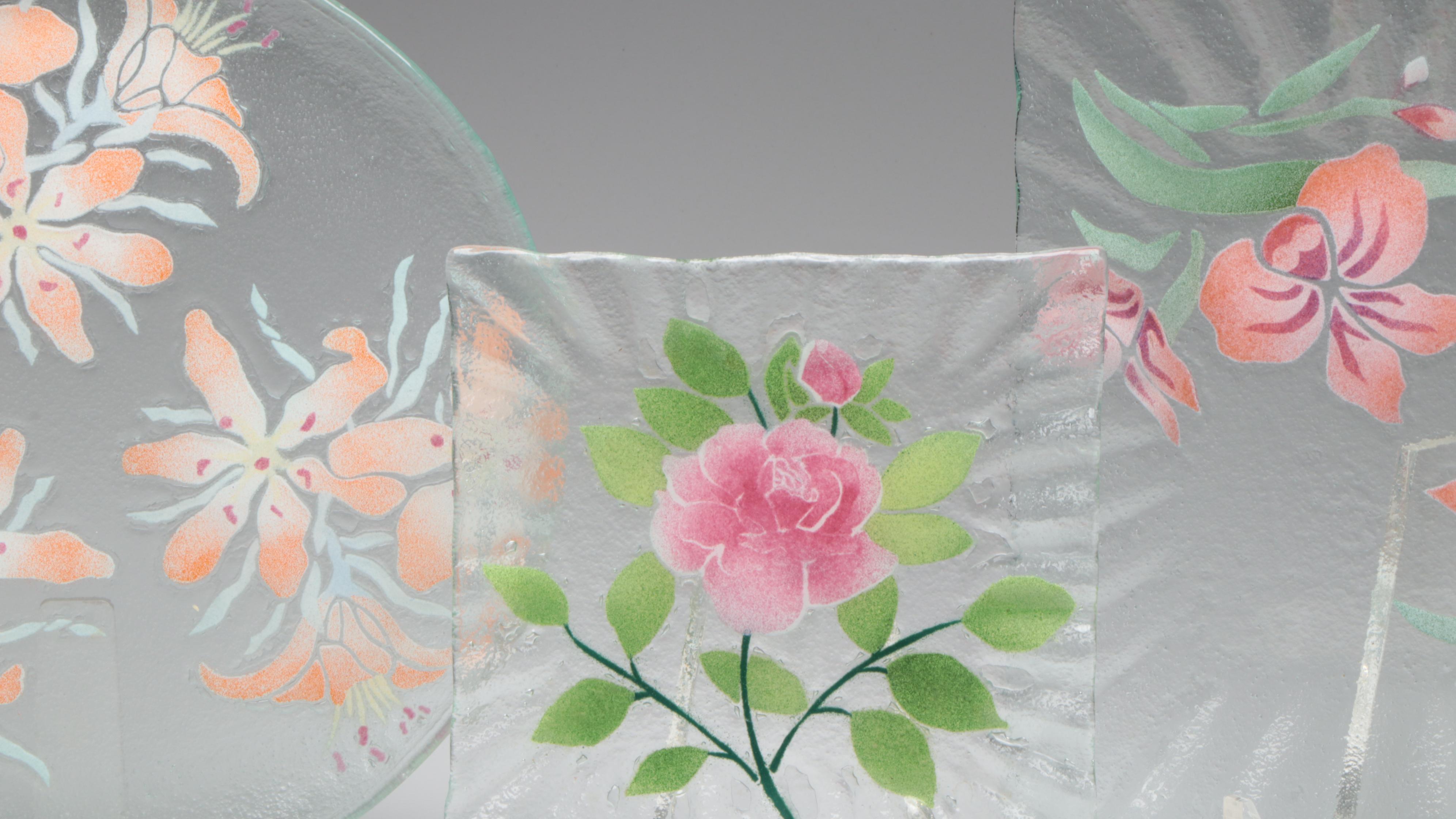 Sydenstricker Fused Glass Floral Plates and Trays, Late 20th/Early 21st Century