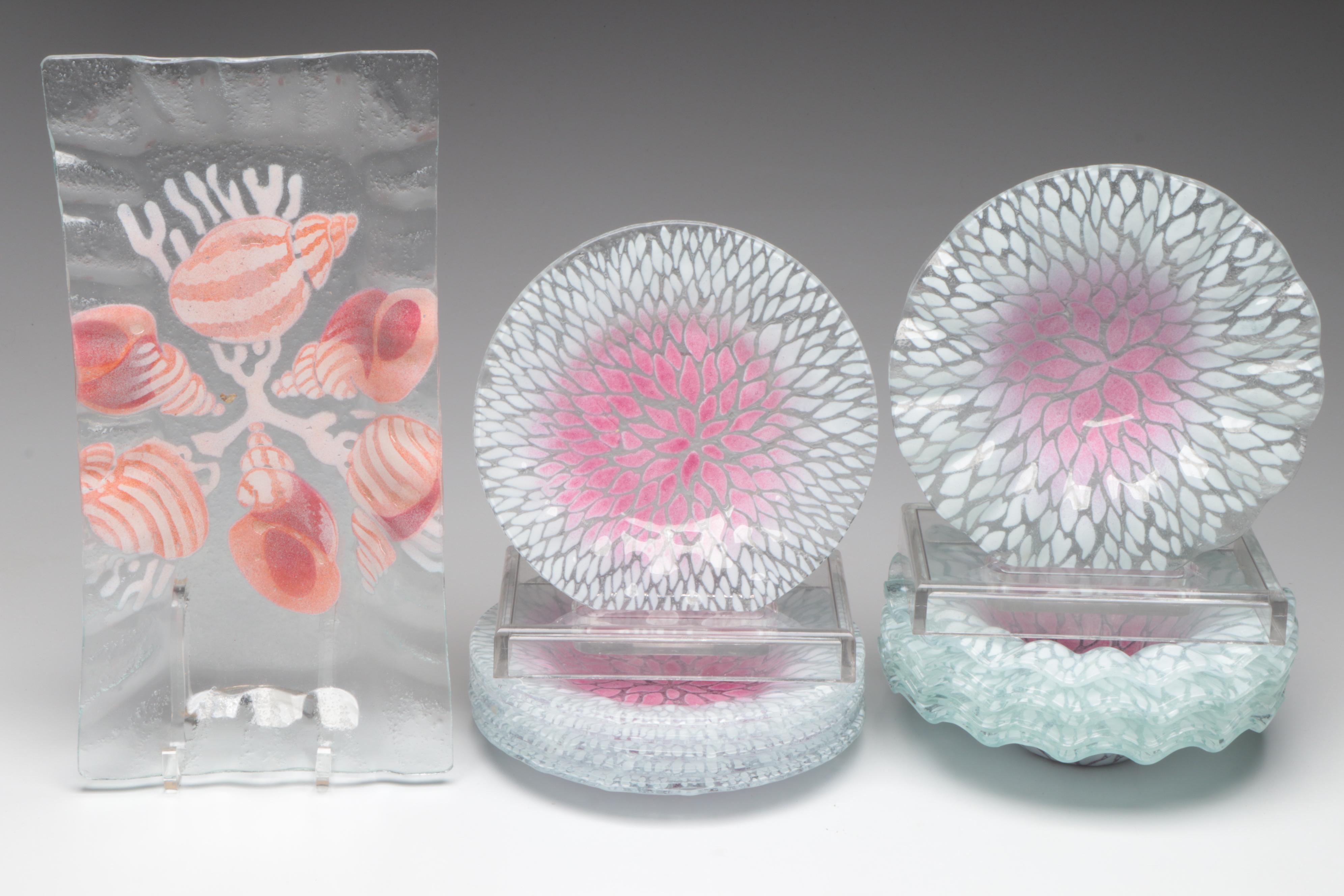 Sydenstricker Fused Glass Floral Plates and Trays, Late 20th/Early 21st Century