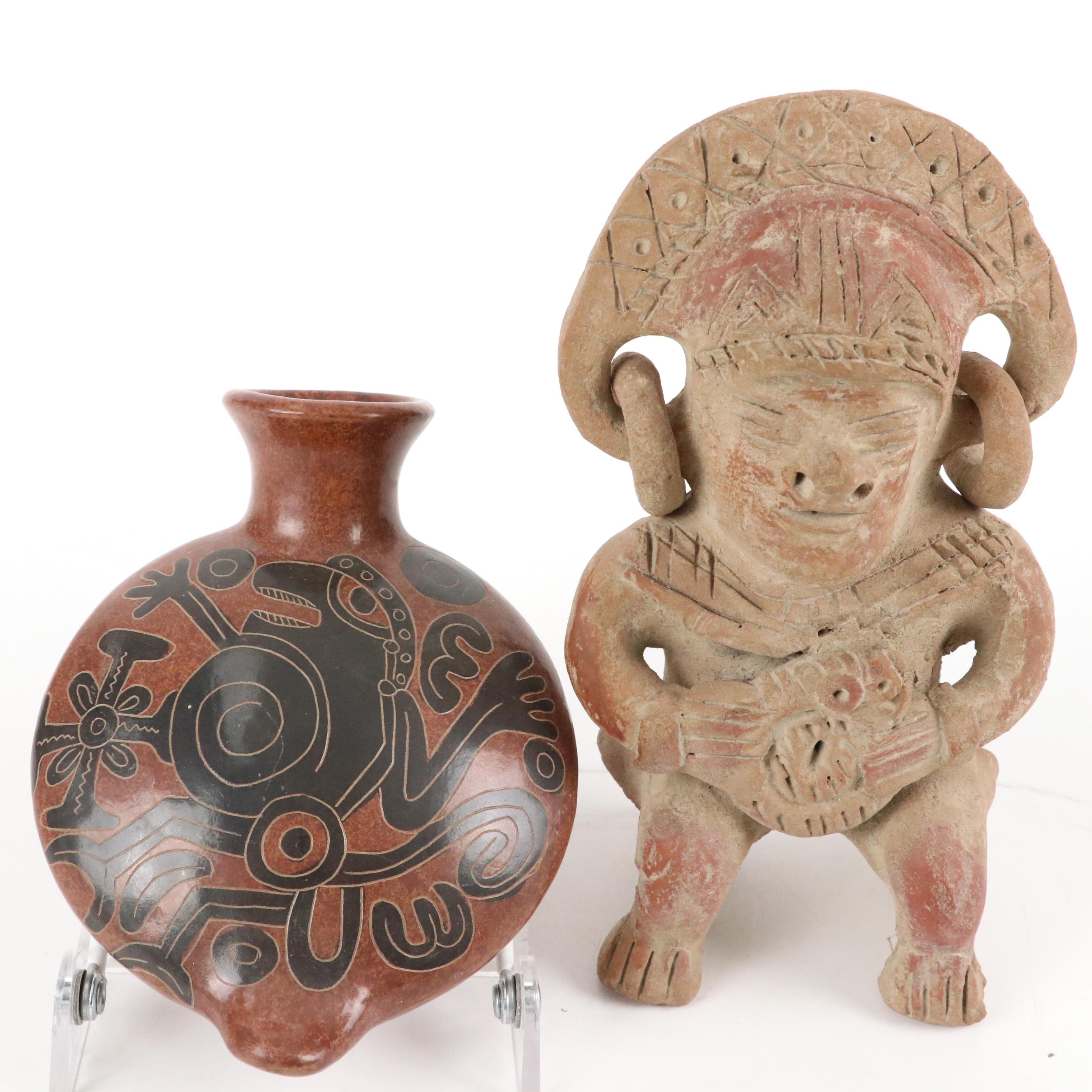 Artist Signed Nicaraguan Etched Pottery Flat Vase, Pre-Columbian Style Figure