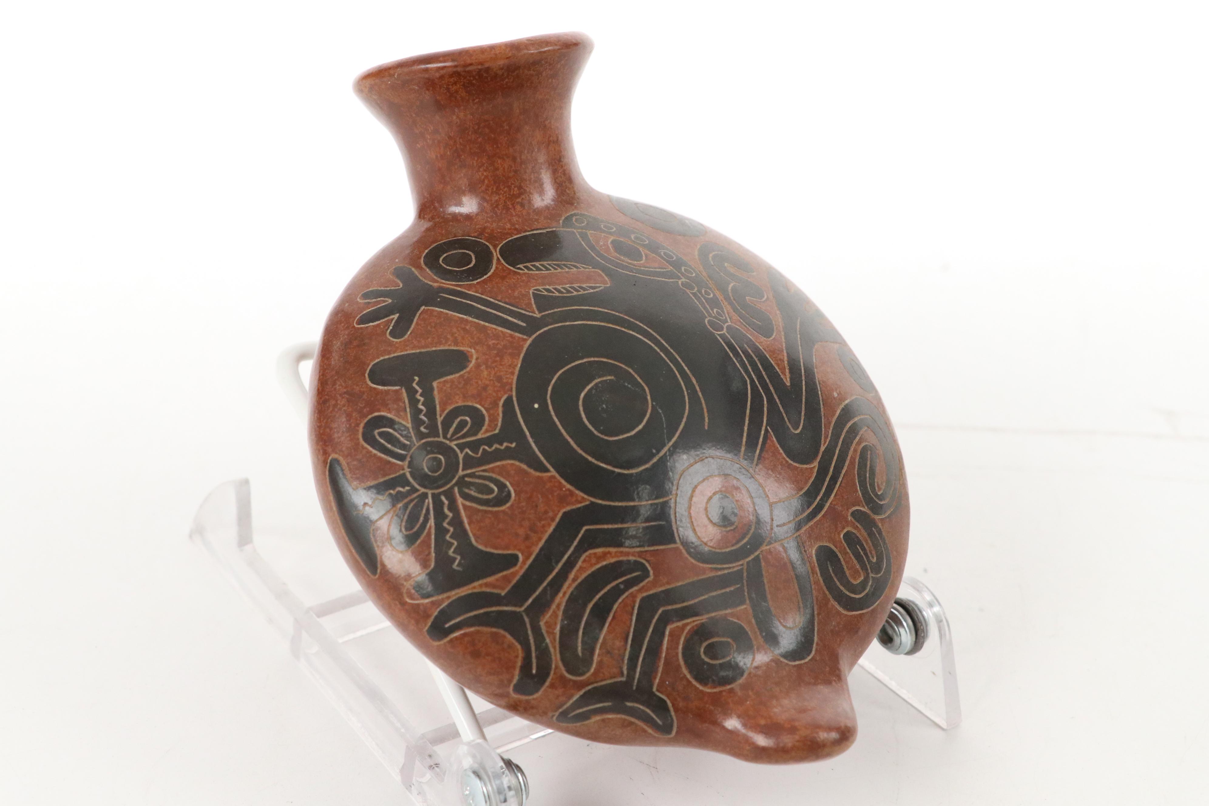 Artist Signed Nicaraguan Etched Pottery Flat Vase, Pre-Columbian Style Figure
