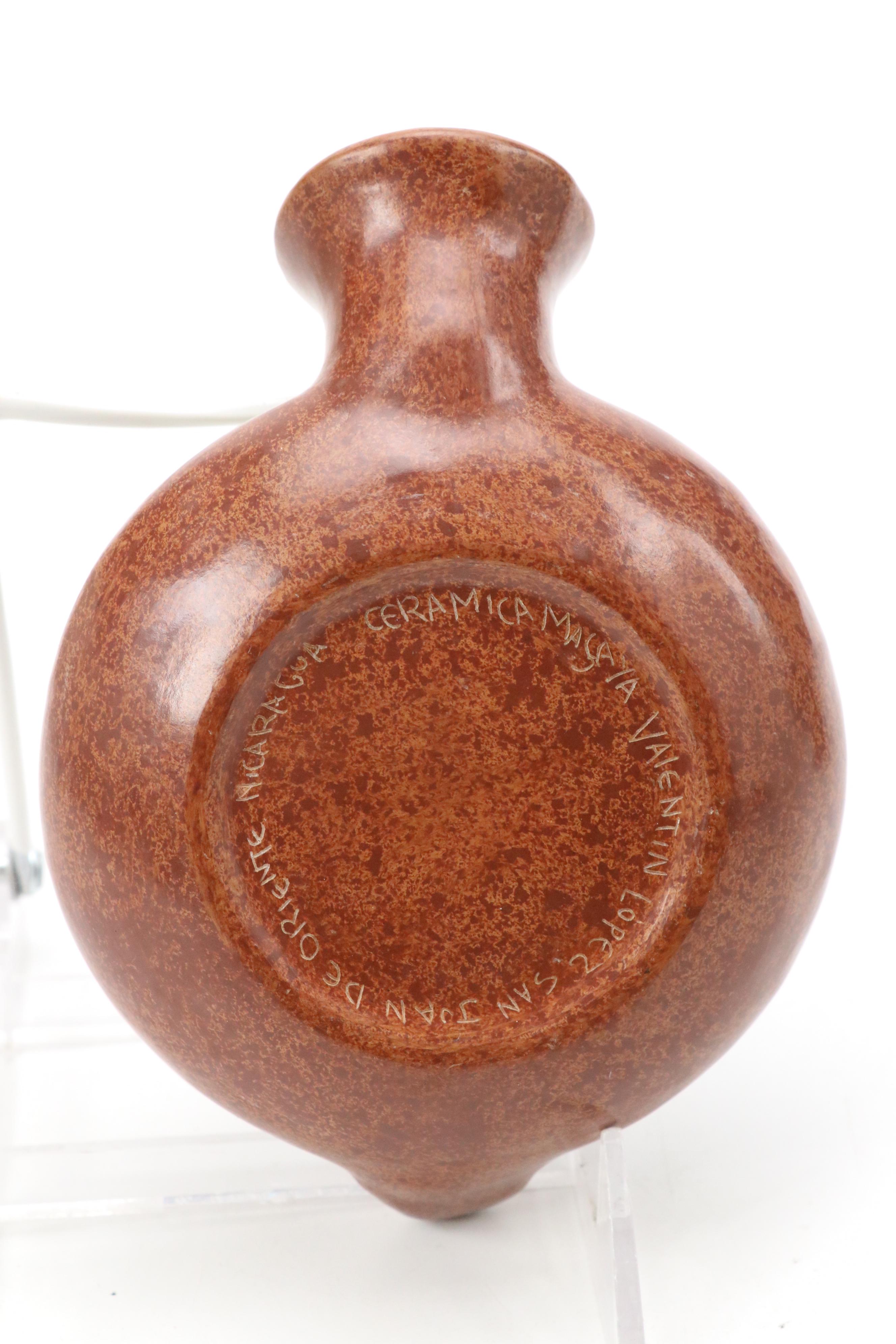 Artist Signed Nicaraguan Etched Pottery Flat Vase, Pre-Columbian Style Figure