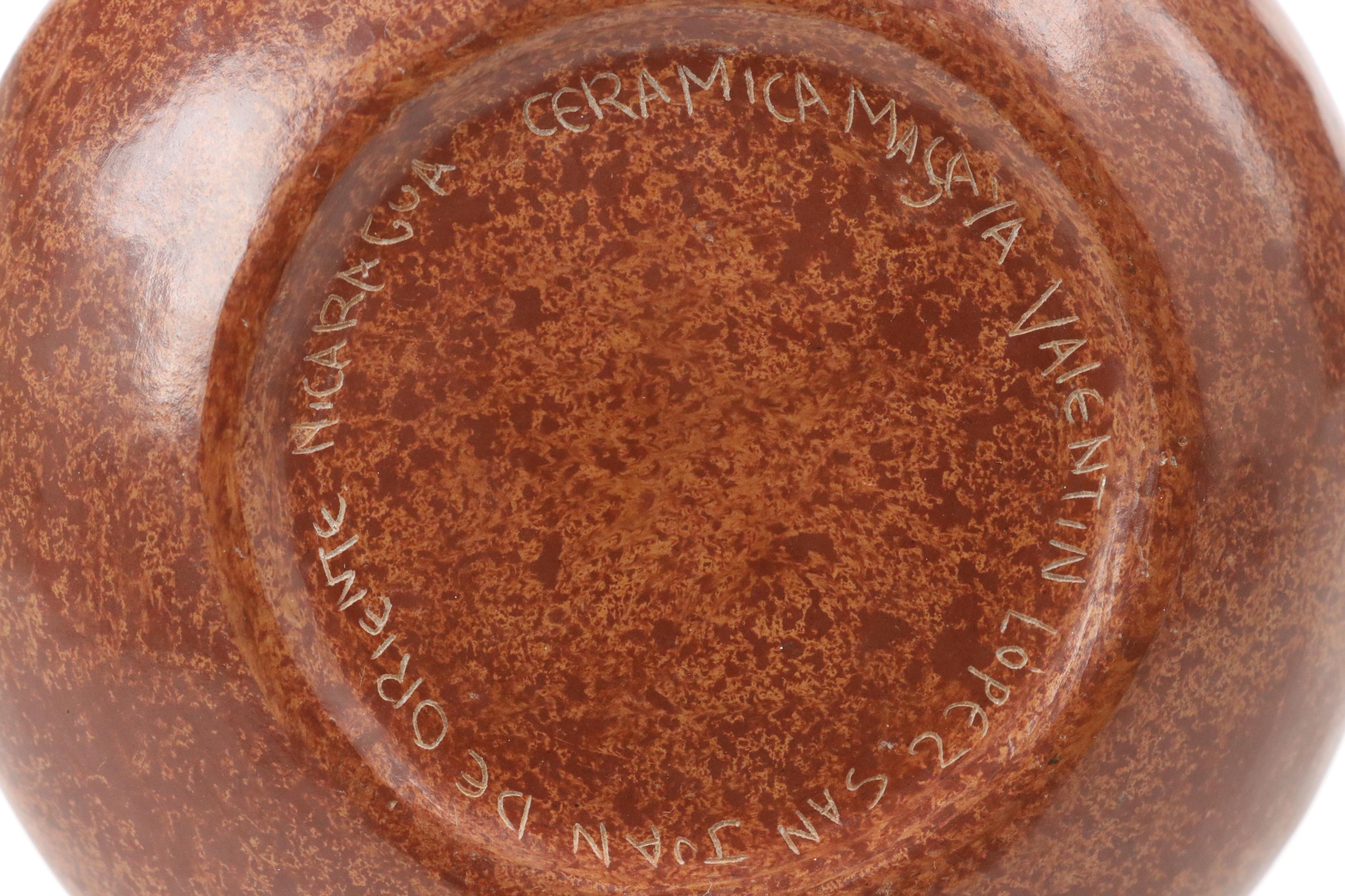 Artist Signed Nicaraguan Etched Pottery Flat Vase, Pre-Columbian Style Figure