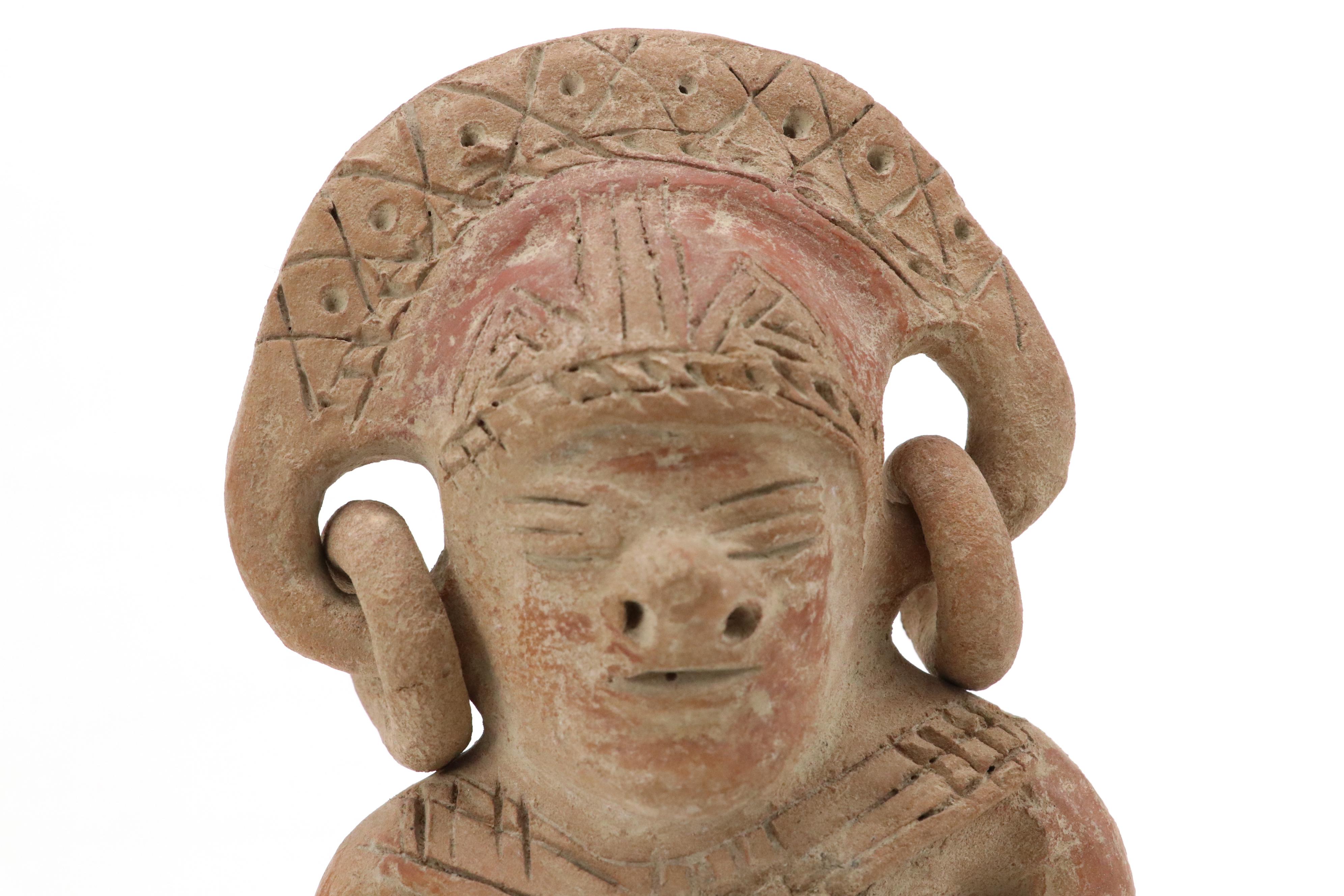 Artist Signed Nicaraguan Etched Pottery Flat Vase, Pre-Columbian Style Figure