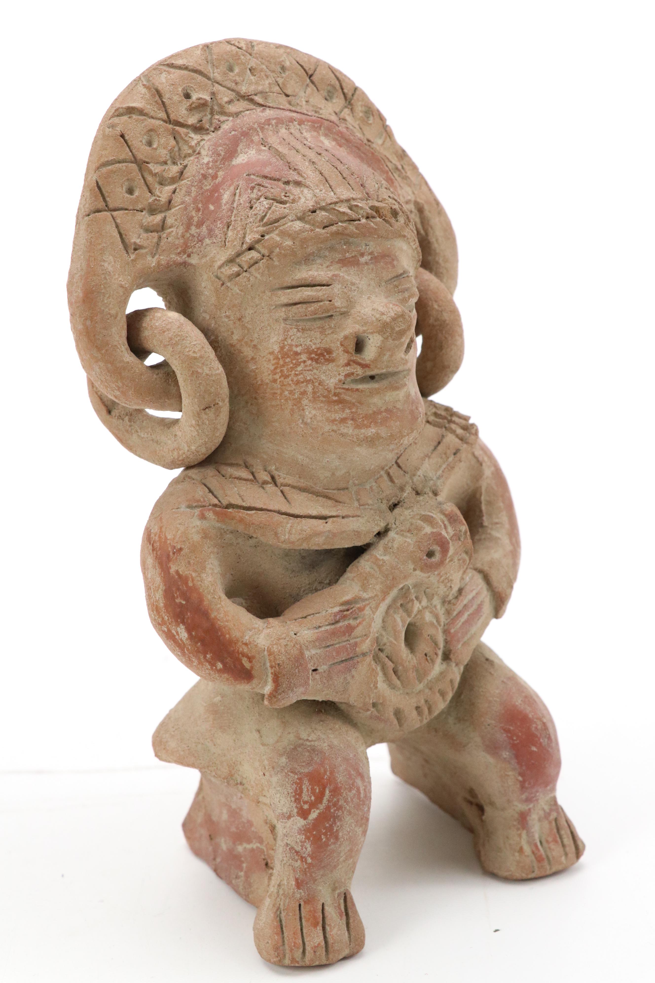 Artist Signed Nicaraguan Etched Pottery Flat Vase, Pre-Columbian Style Figure