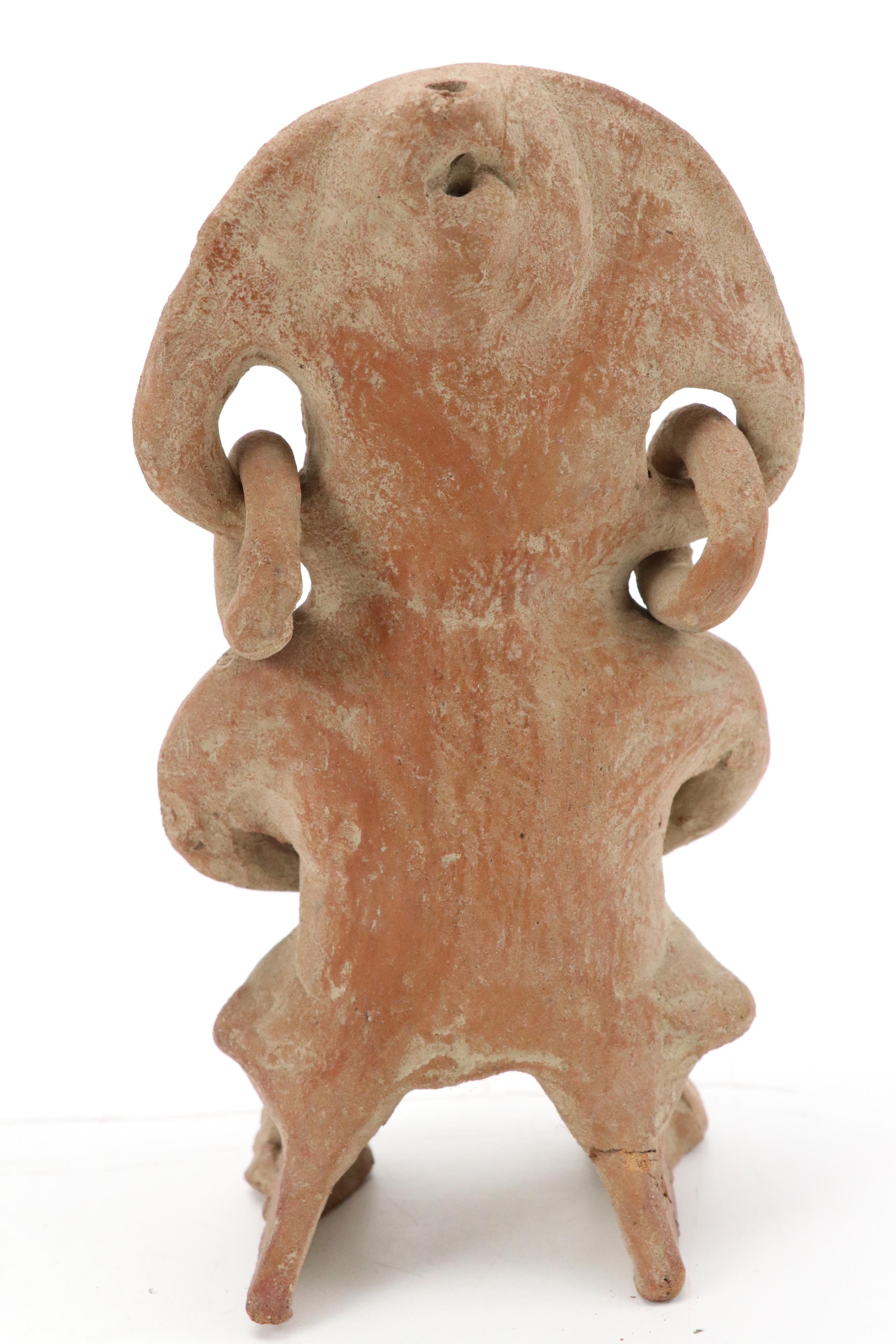 Artist Signed Nicaraguan Etched Pottery Flat Vase, Pre-Columbian Style Figure