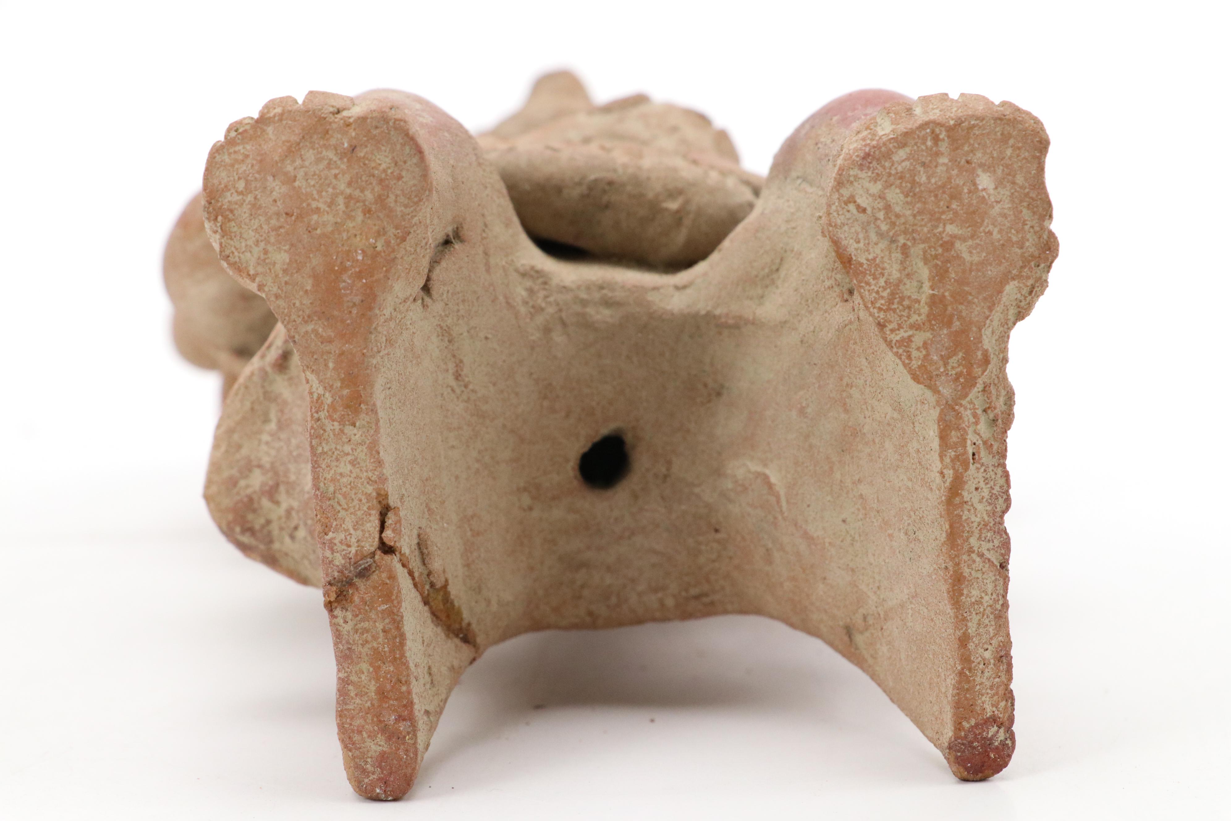 Artist Signed Nicaraguan Etched Pottery Flat Vase, Pre-Columbian Style Figure