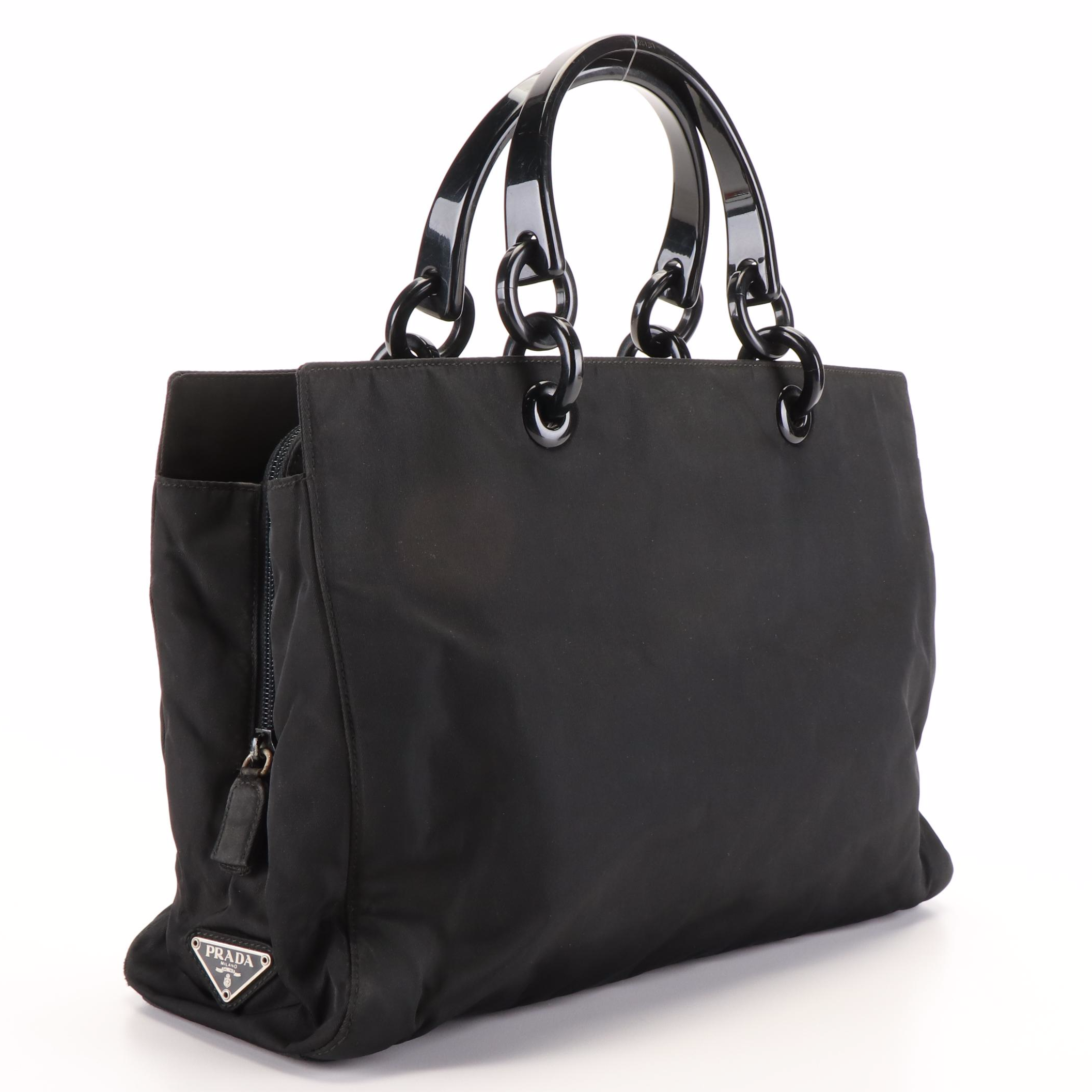 Prada Tote in Black Tessuto Nylon with Plastic Handle