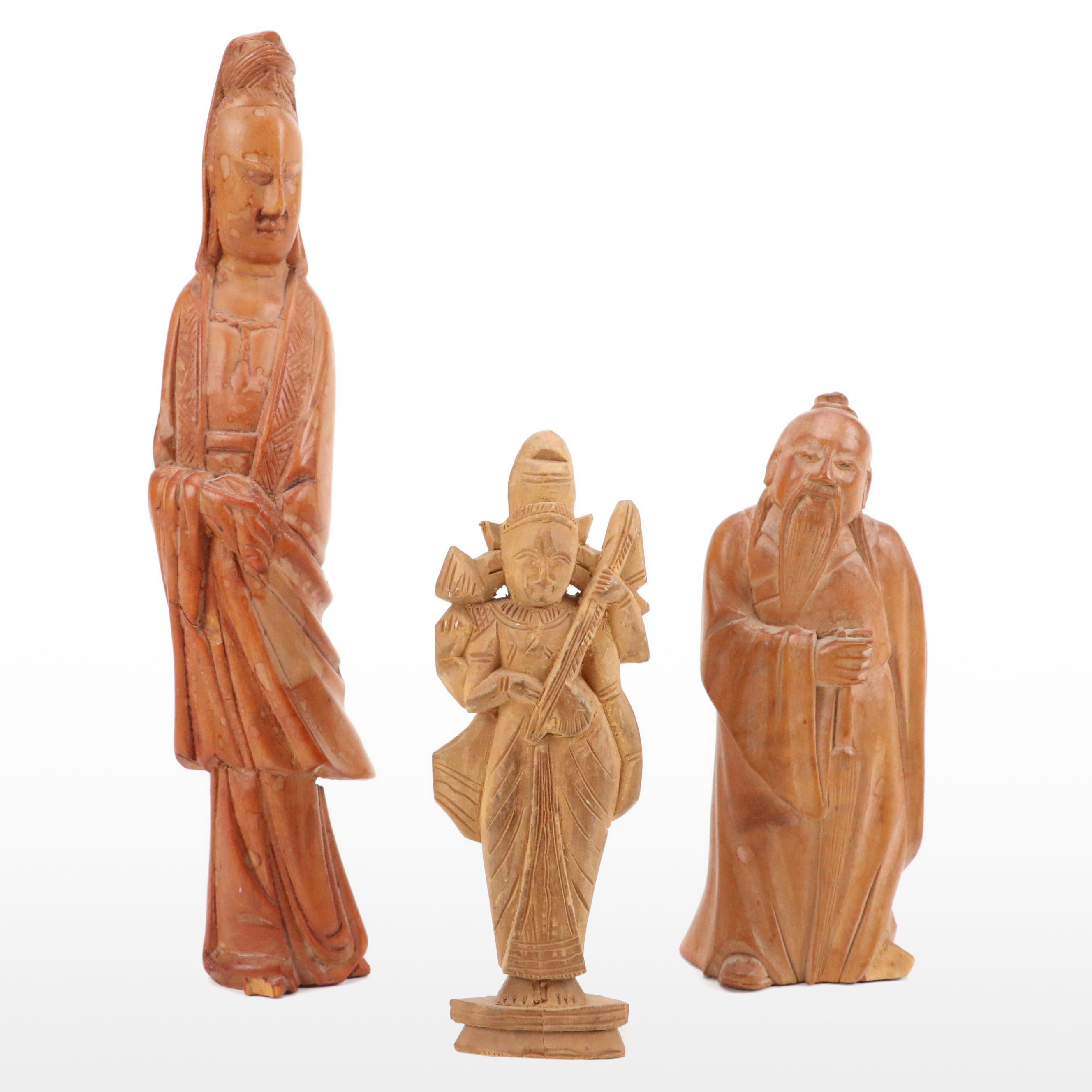 Indian Carved Wood Saraswati Idol with Chinese Carved Mythological Figures