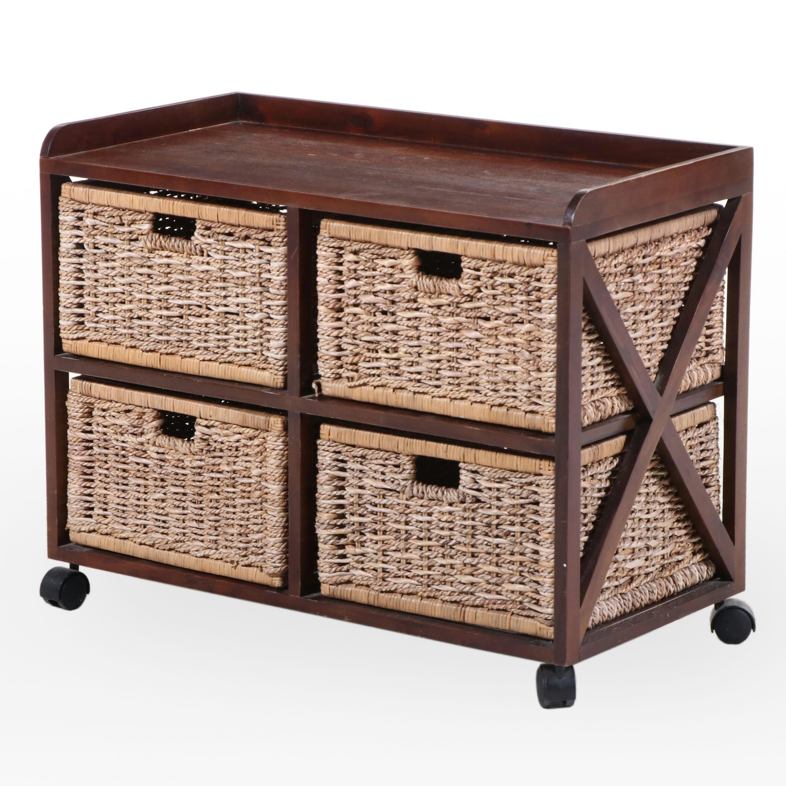 Hardwood and Wicker Four-Drawer Mobile Organizer in Espresso Finish