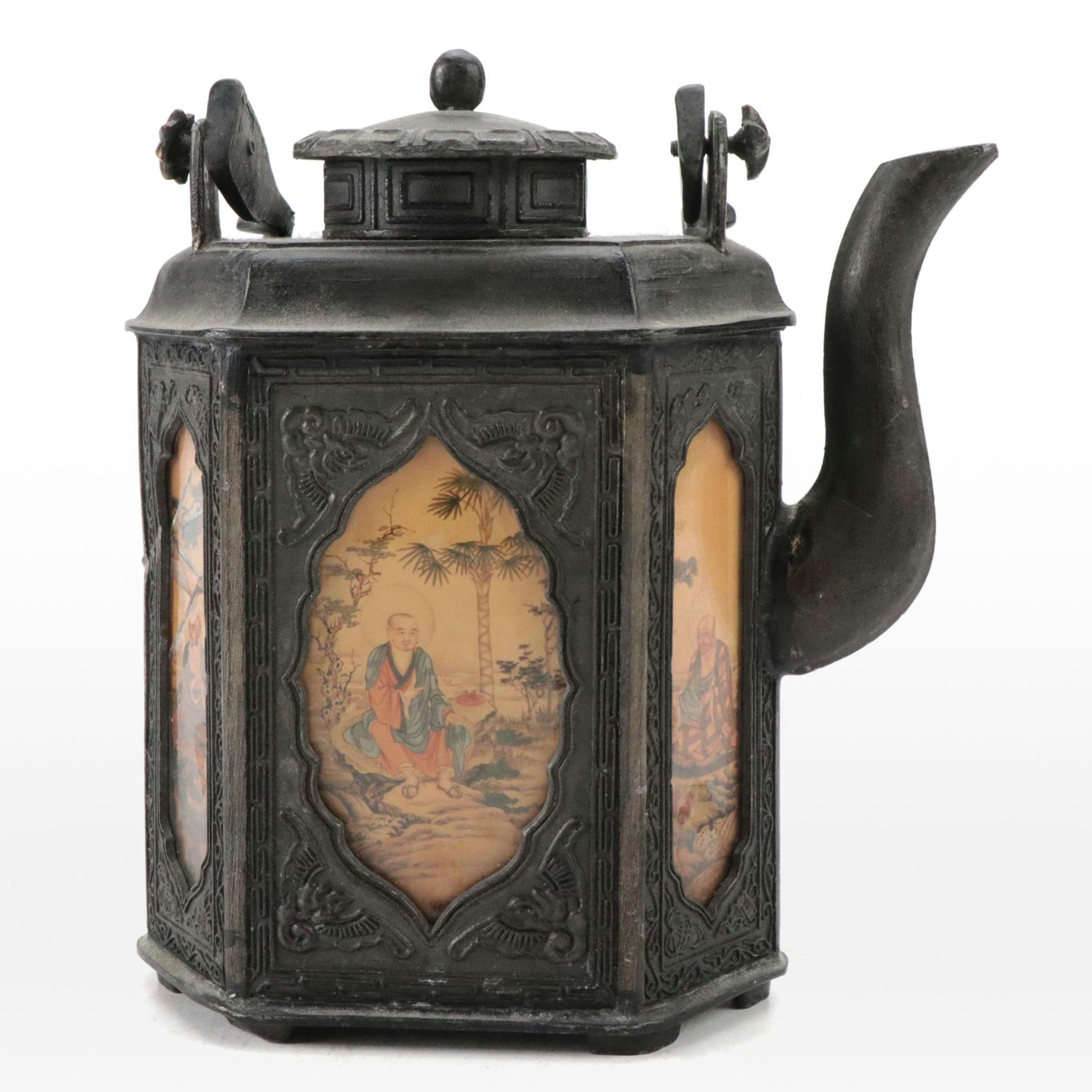 Chinese Metal Hexagonal Teapot with Glass Covered Panels