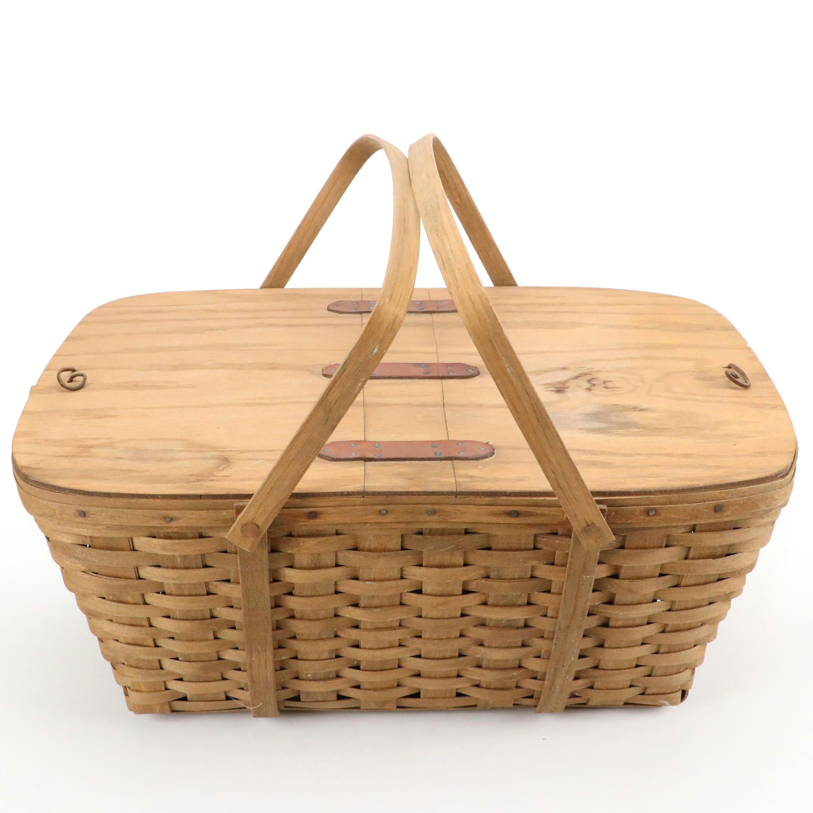 Longaberger Wicker Wood Picnic Basket with Leather Details