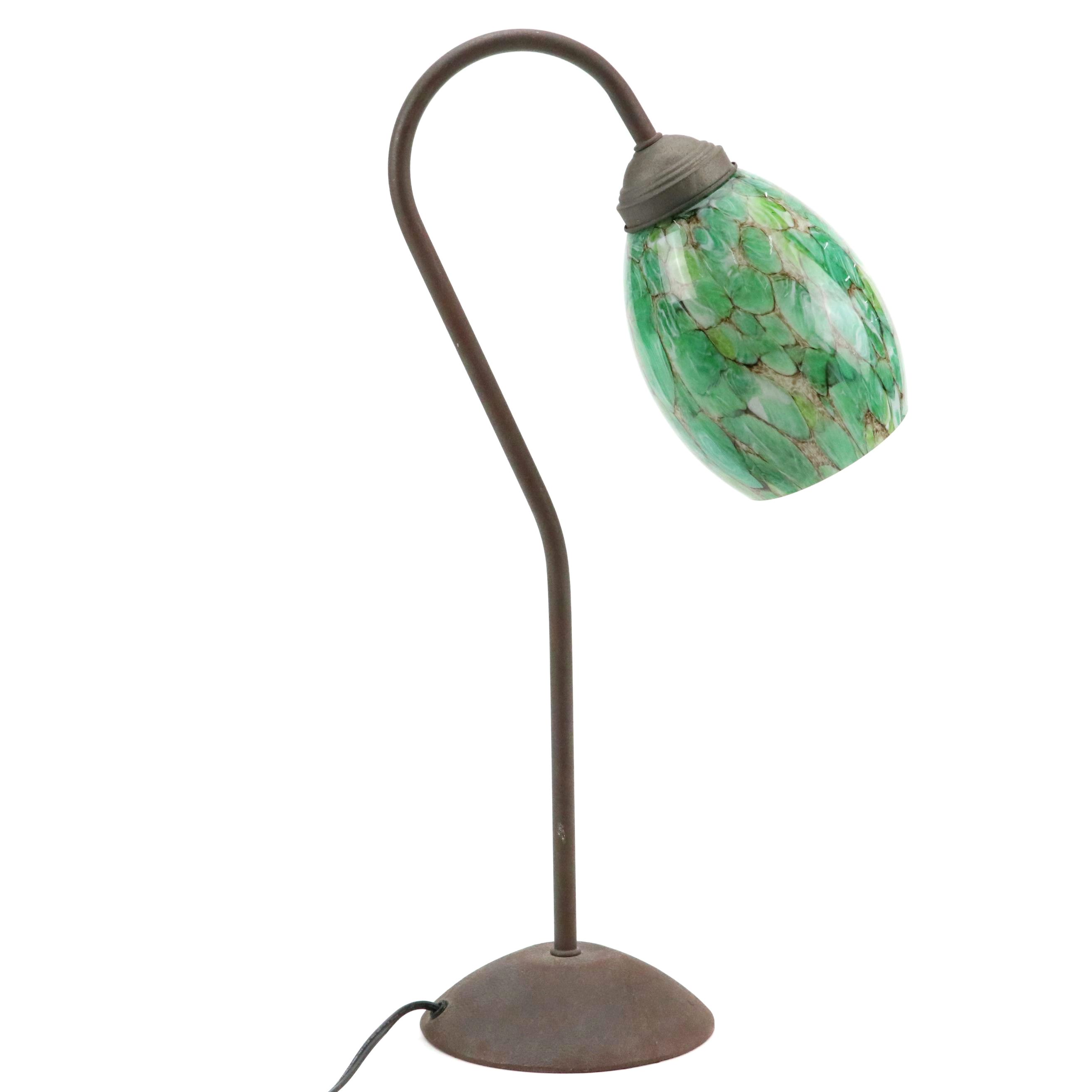 Pottery Barn Iron Curved Table Lamp with Mottled Green Glass Shade, 21st Century