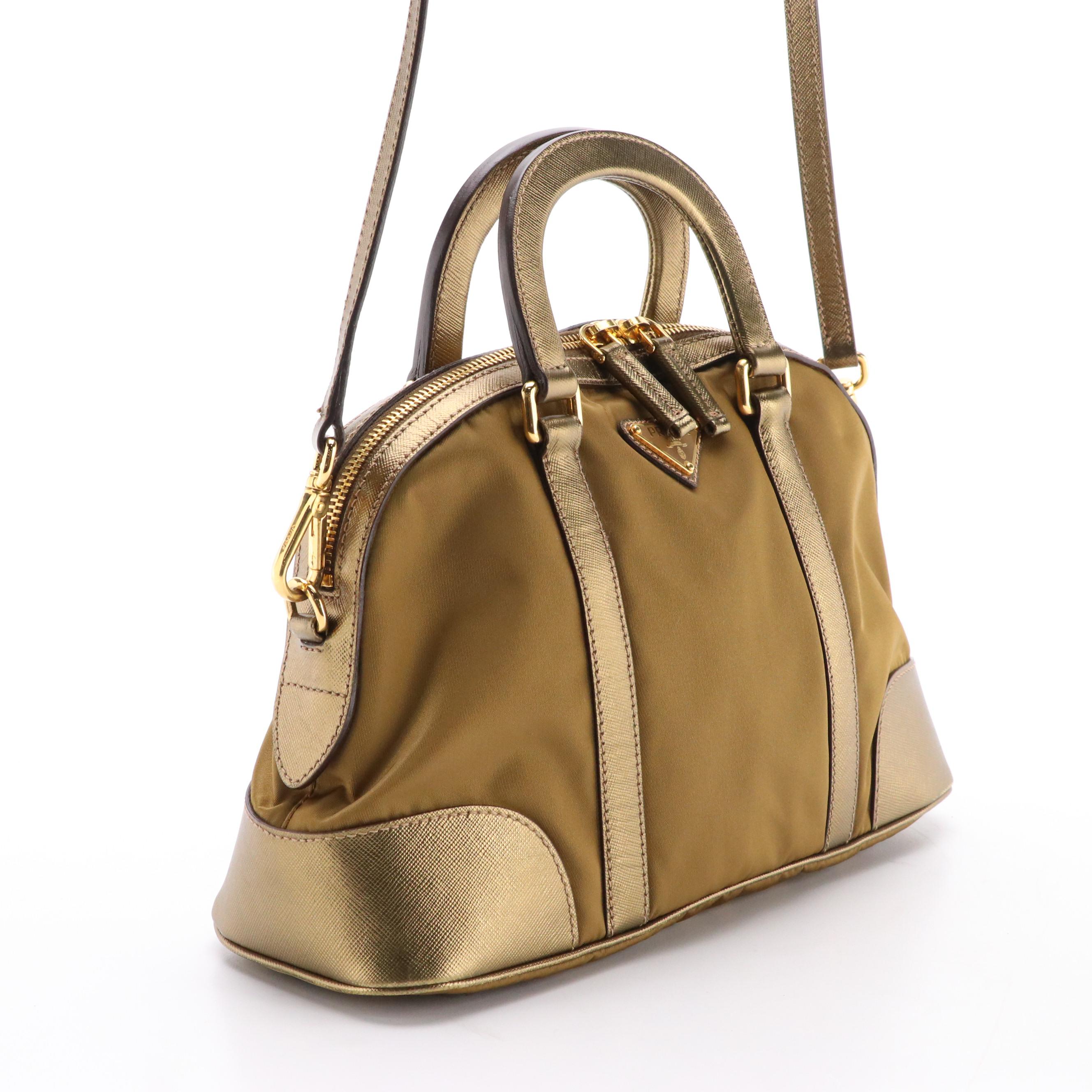 Prada Two-Way Bag in Gold Tessuto Nylon and Saffiano Leather Trim