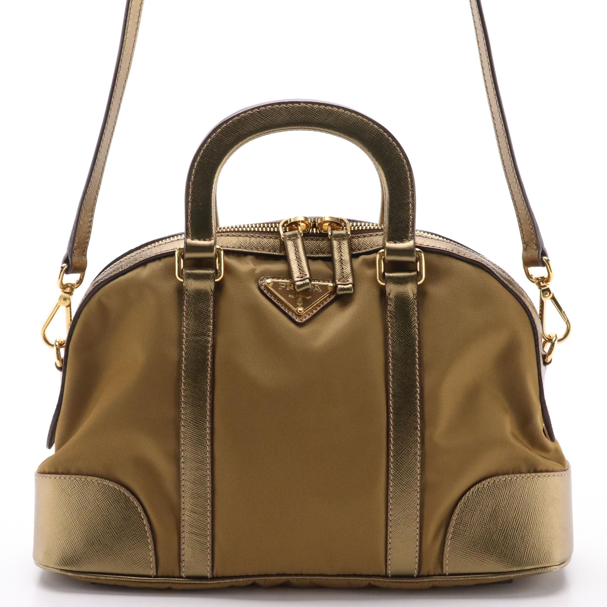 Prada Two-Way Bag in Gold Tessuto Nylon and Saffiano Leather Trim