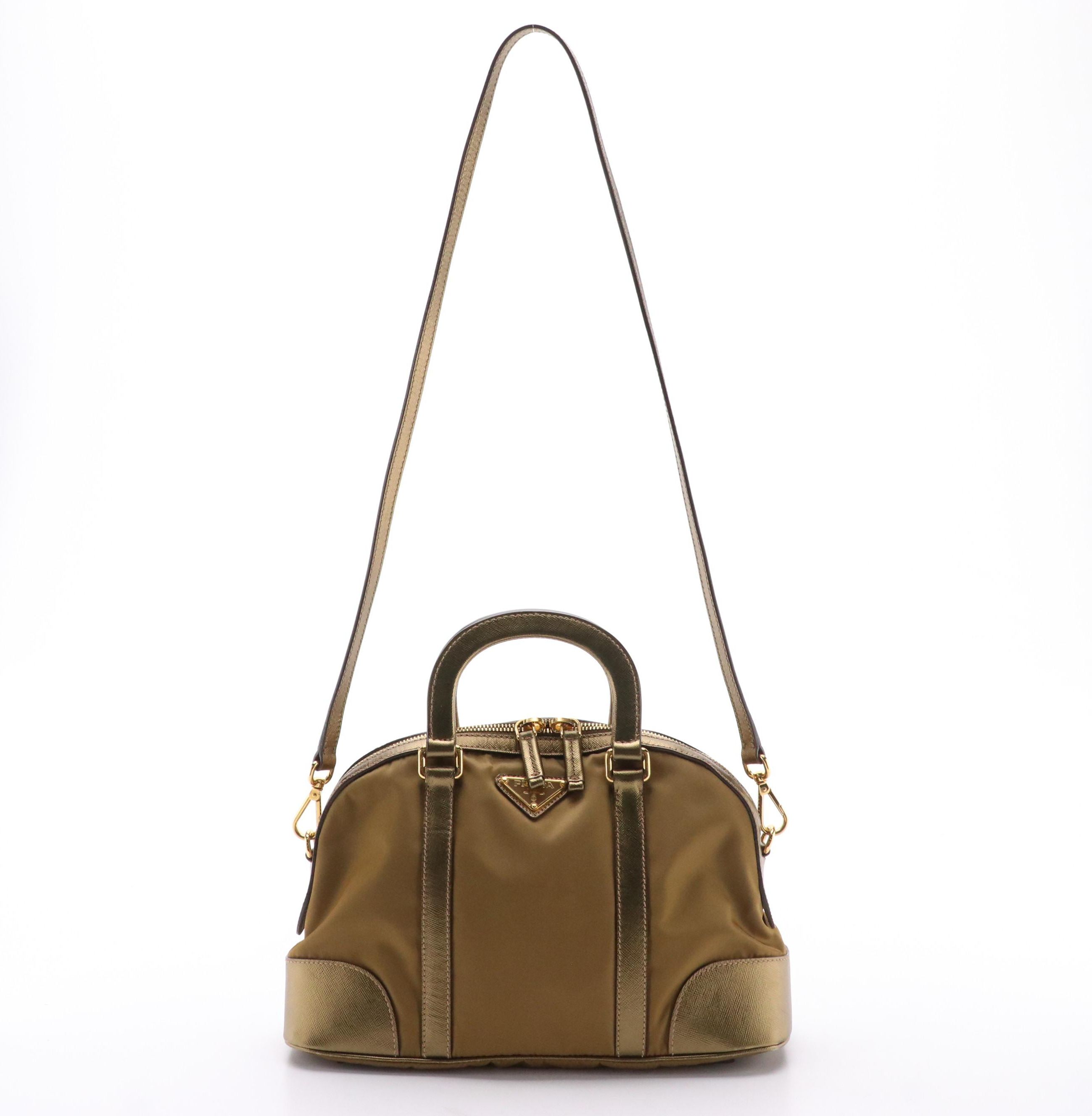 Prada Two-Way Bag in Gold Tessuto Nylon and Saffiano Leather Trim