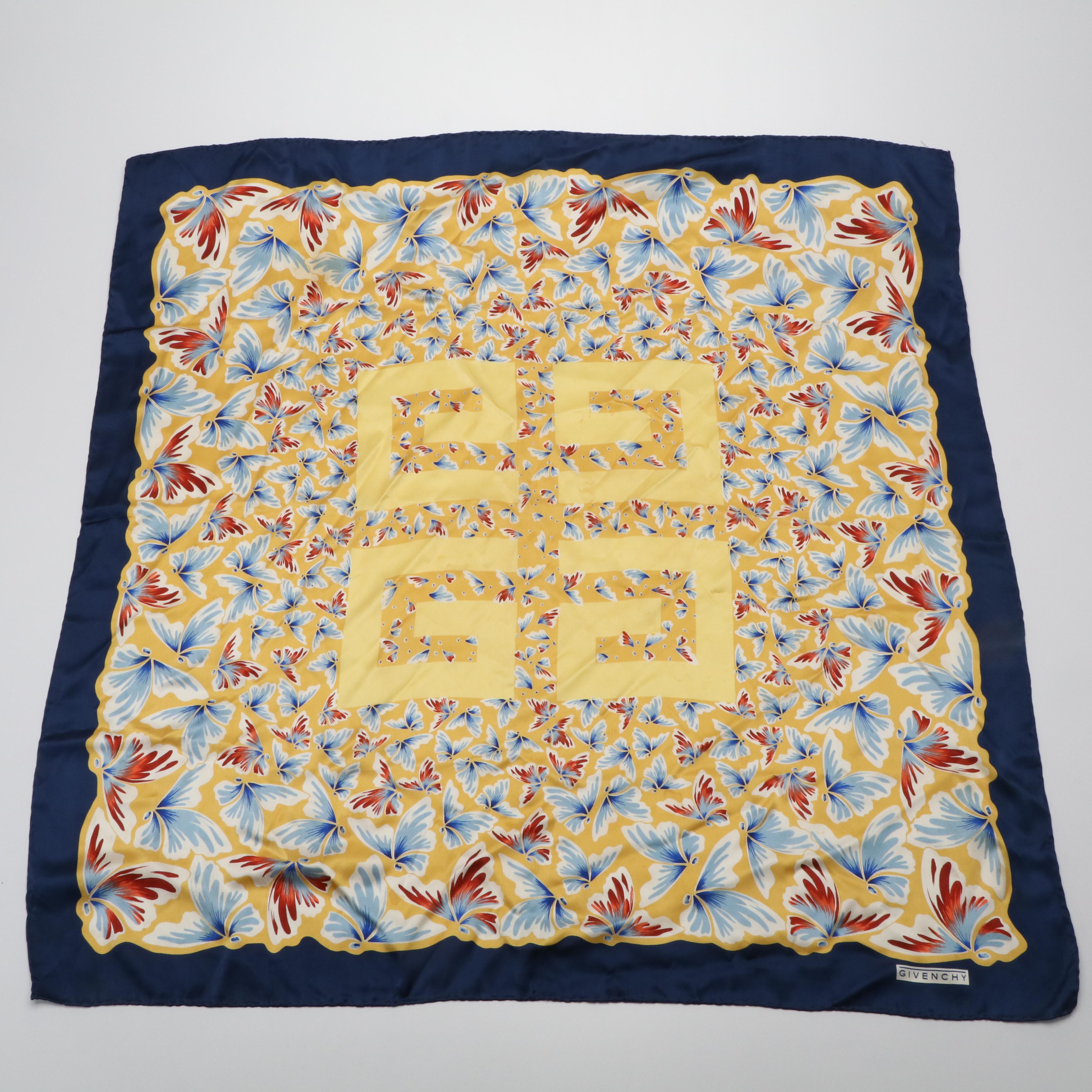 Givenchy Logo on Floral Motif Multicolored Silk Scarf