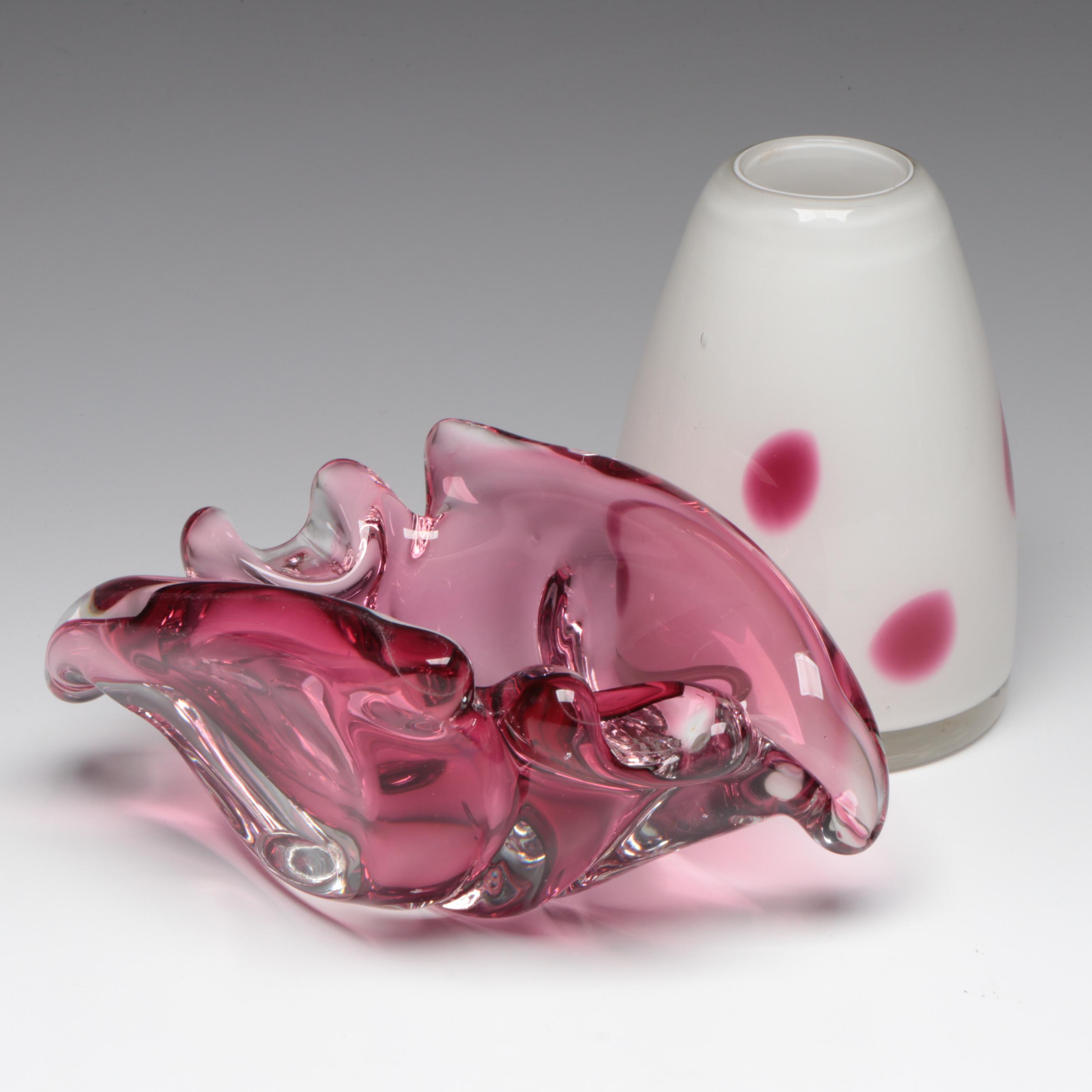 Freeform Art Glass Ashtray in Pink with Pink Spotted Milk Glass Vase