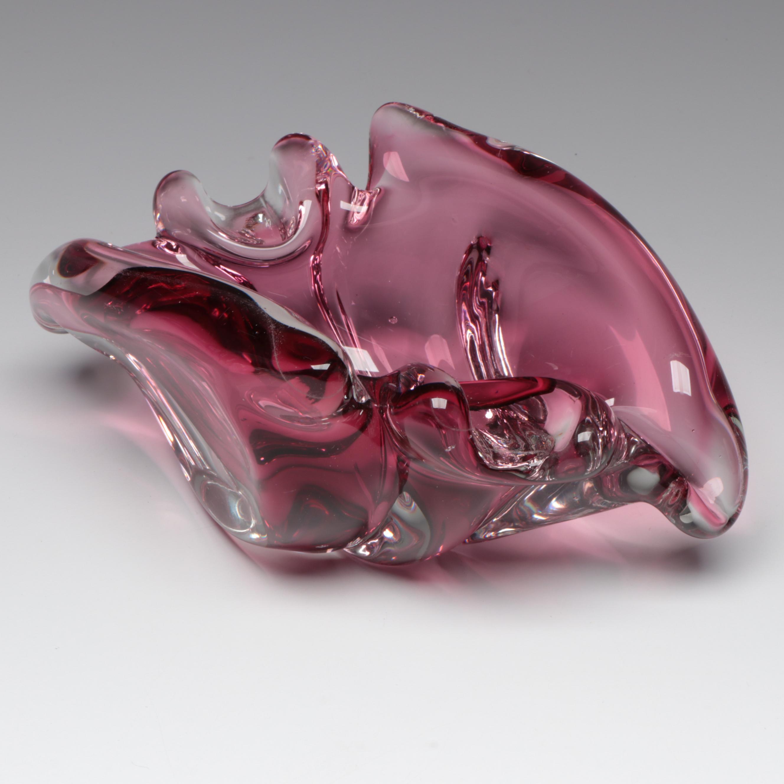 Freeform Art Glass Ashtray in Pink with Pink Spotted Milk Glass Vase