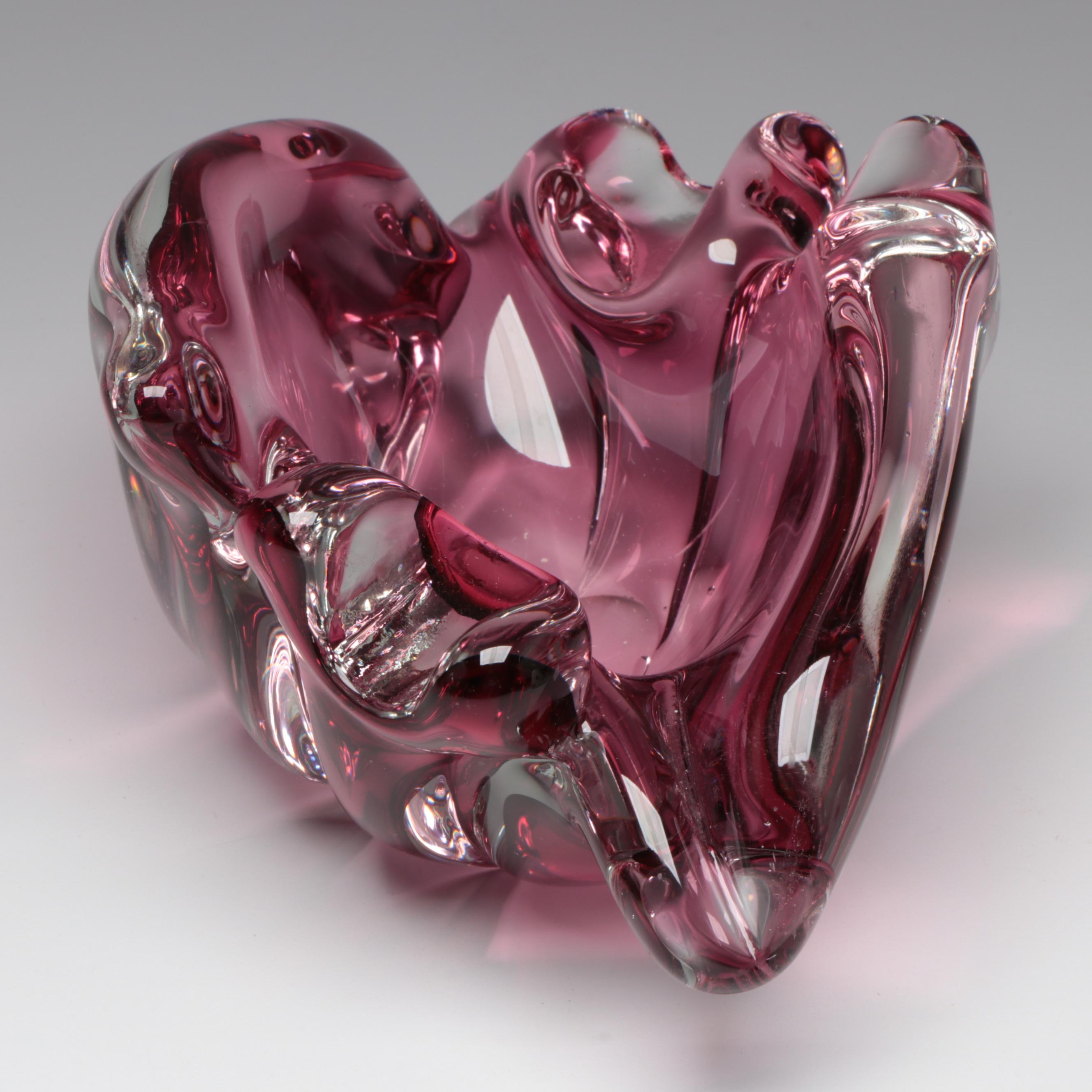 Freeform Art Glass Ashtray in Pink with Pink Spotted Milk Glass Vase