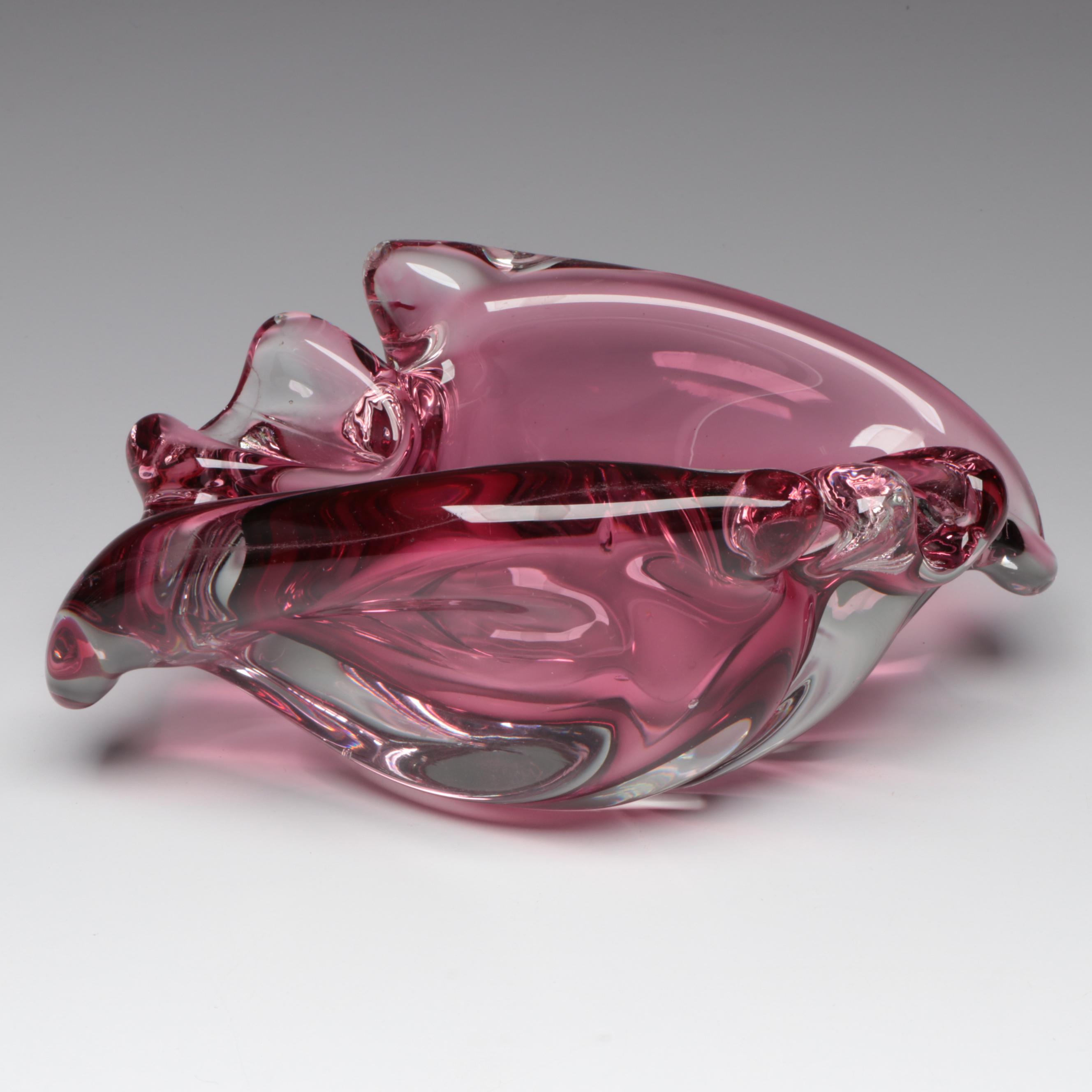 Freeform Art Glass Ashtray in Pink with Pink Spotted Milk Glass Vase