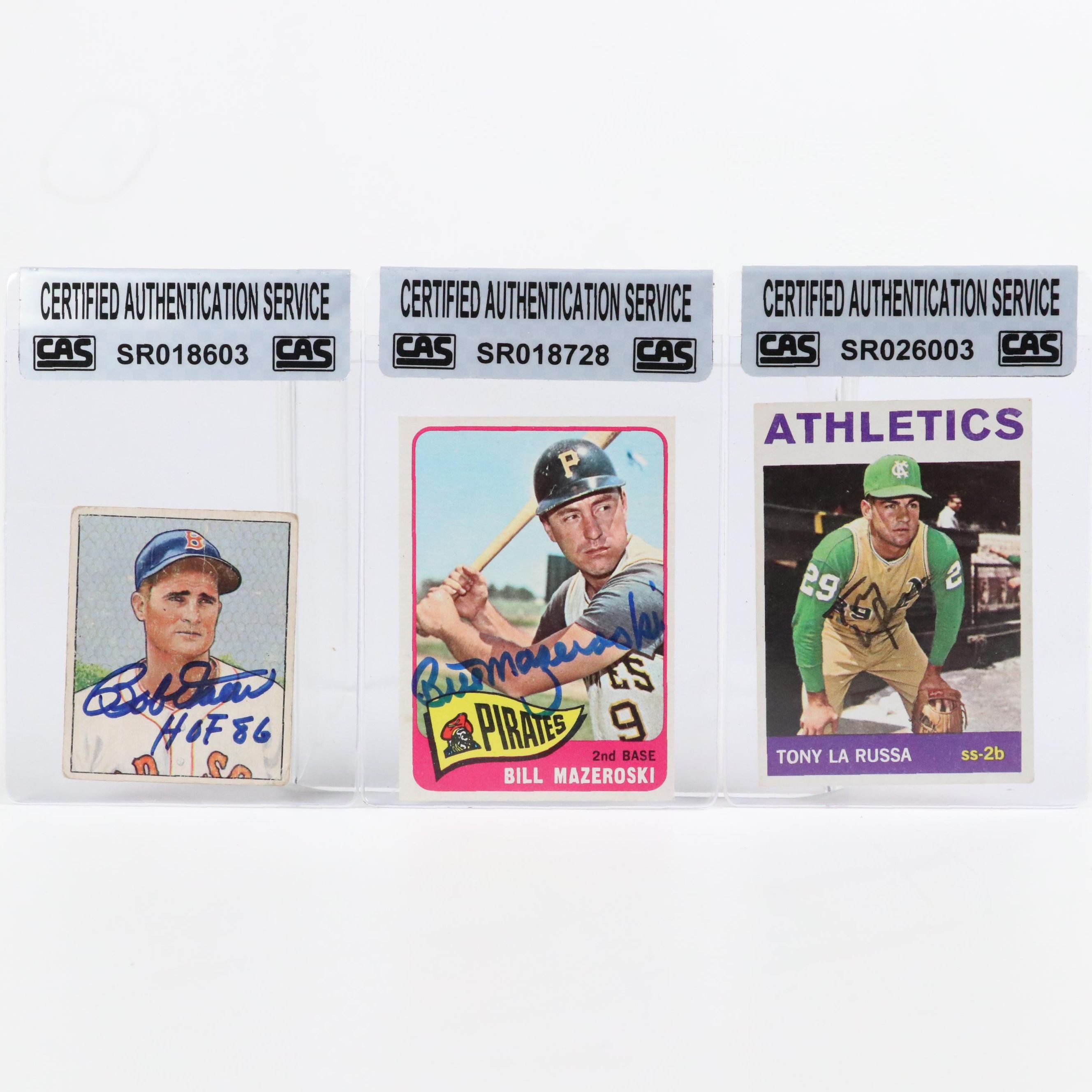 Bill Mazeroski, Tony La Russa, and Bobby Doerr Signed Baseball Cards