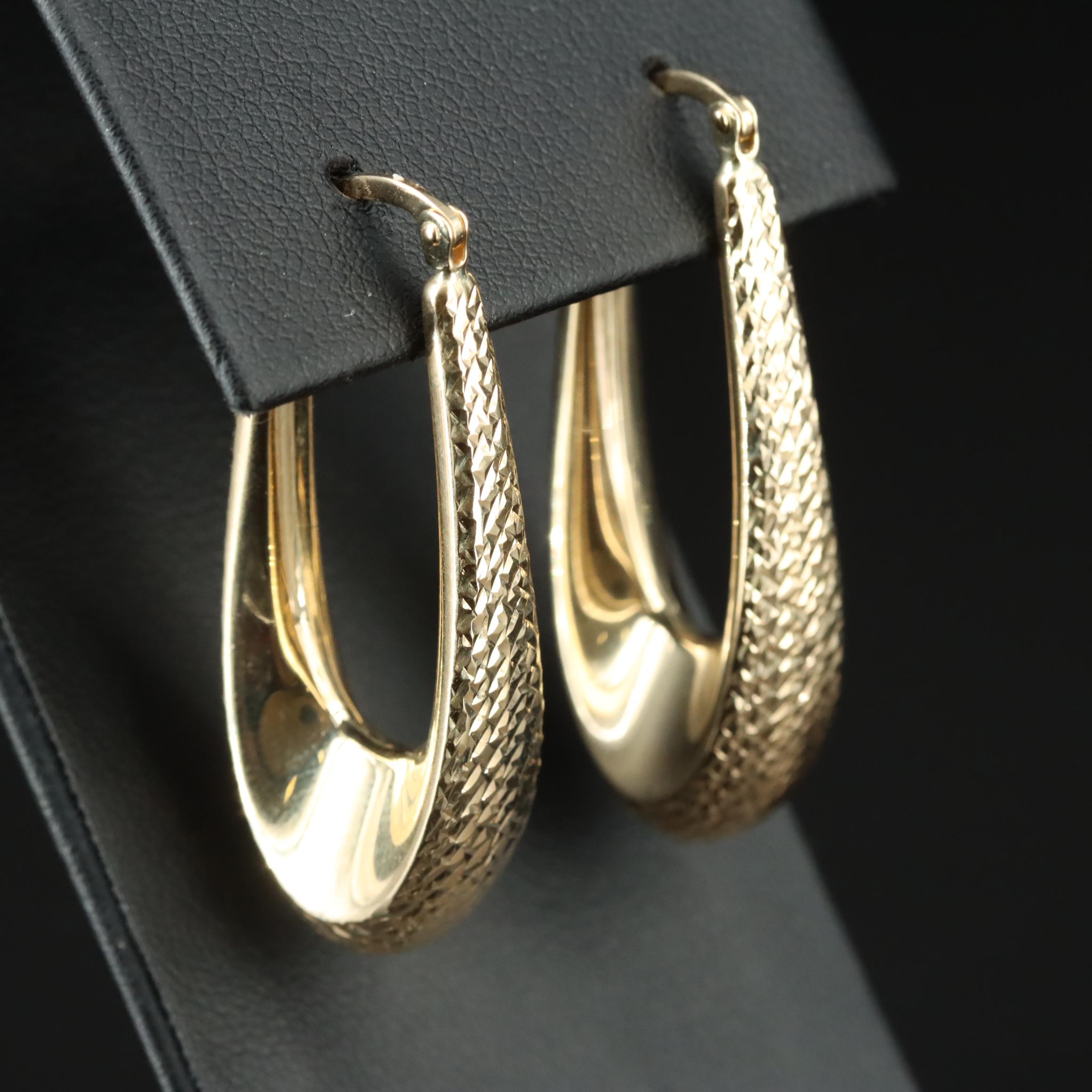 14K Diamond-Cut Elongated Hoop Earrings