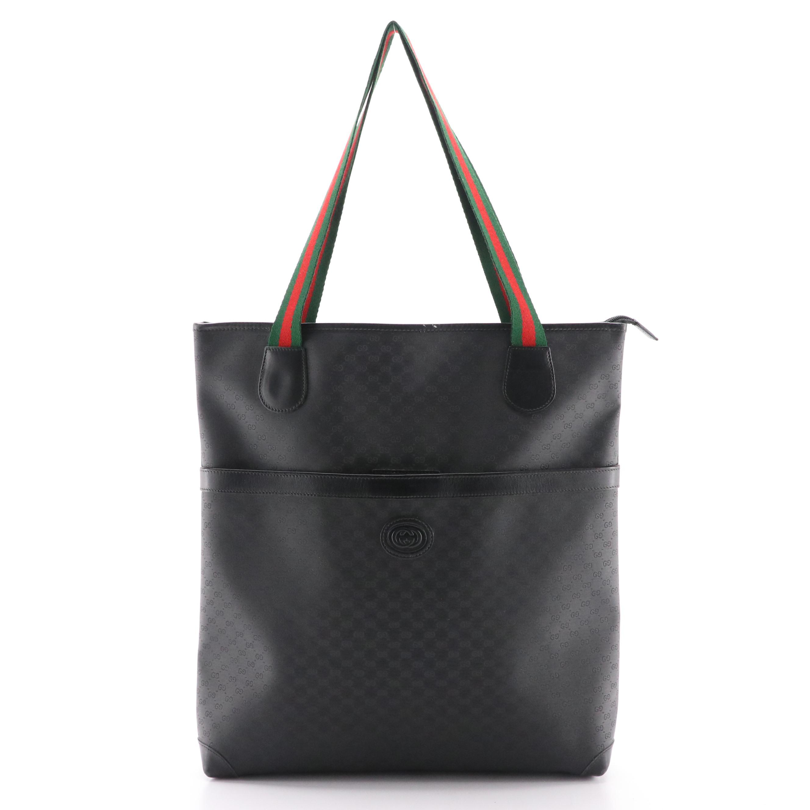 Gucci Web Strap Shoulder Tote in Black GG Supreme Canvas and Leather Trim