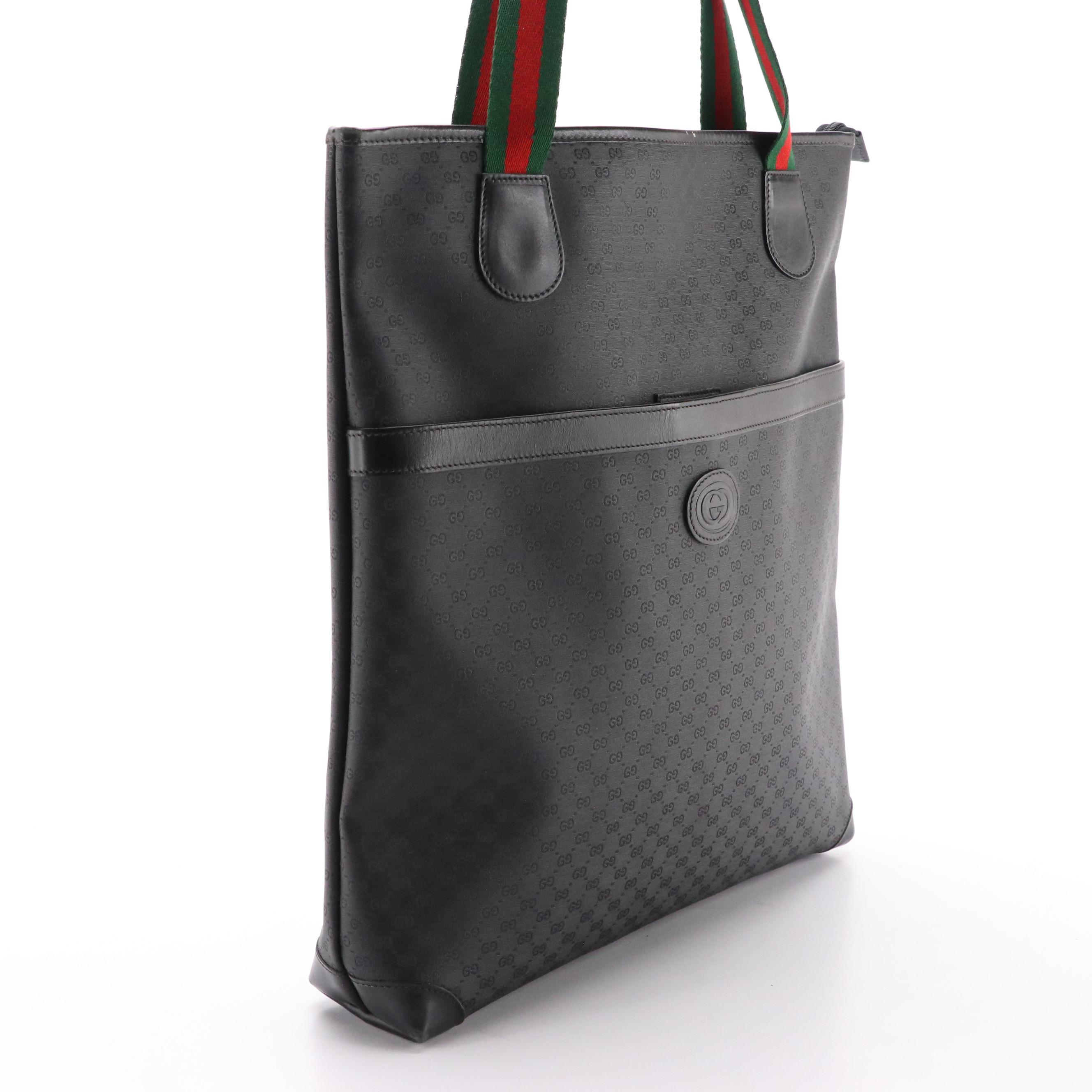Gucci Web Strap Shoulder Tote in Black GG Supreme Canvas and Leather Trim
