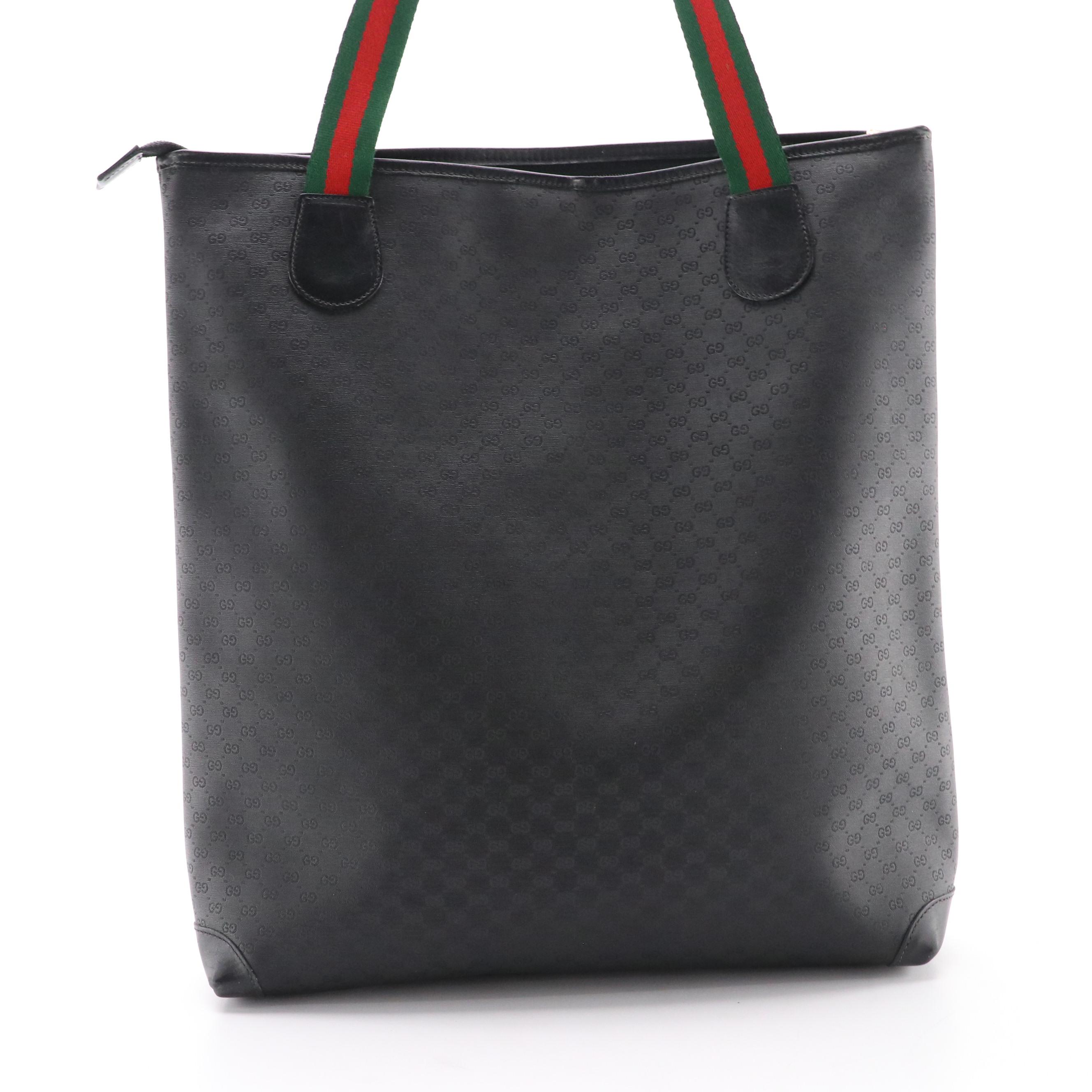 Gucci Web Strap Shoulder Tote in Black GG Supreme Canvas and Leather Trim