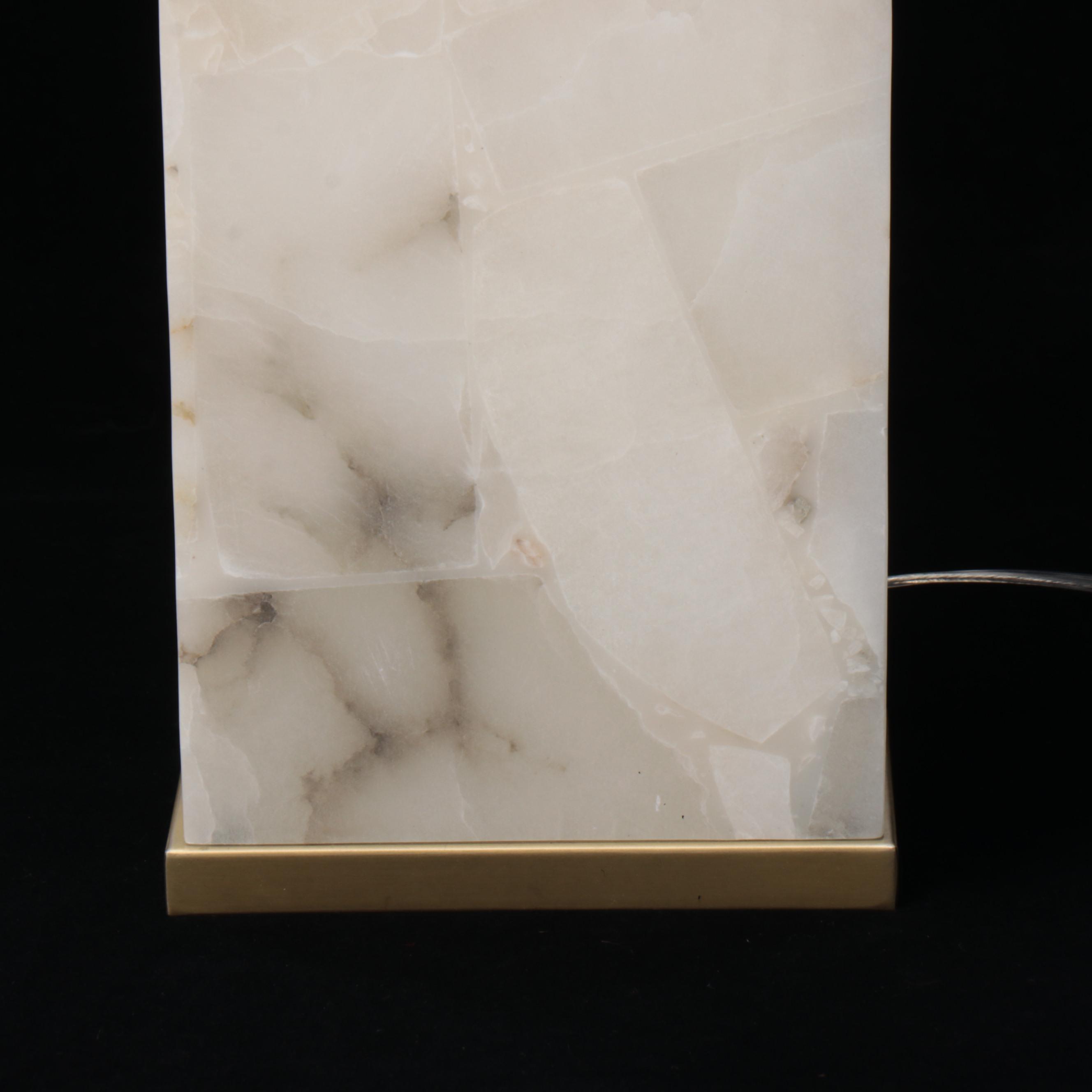 Square Alabaster Table Lamp with Brass Base and Cotton Square Drum Shade