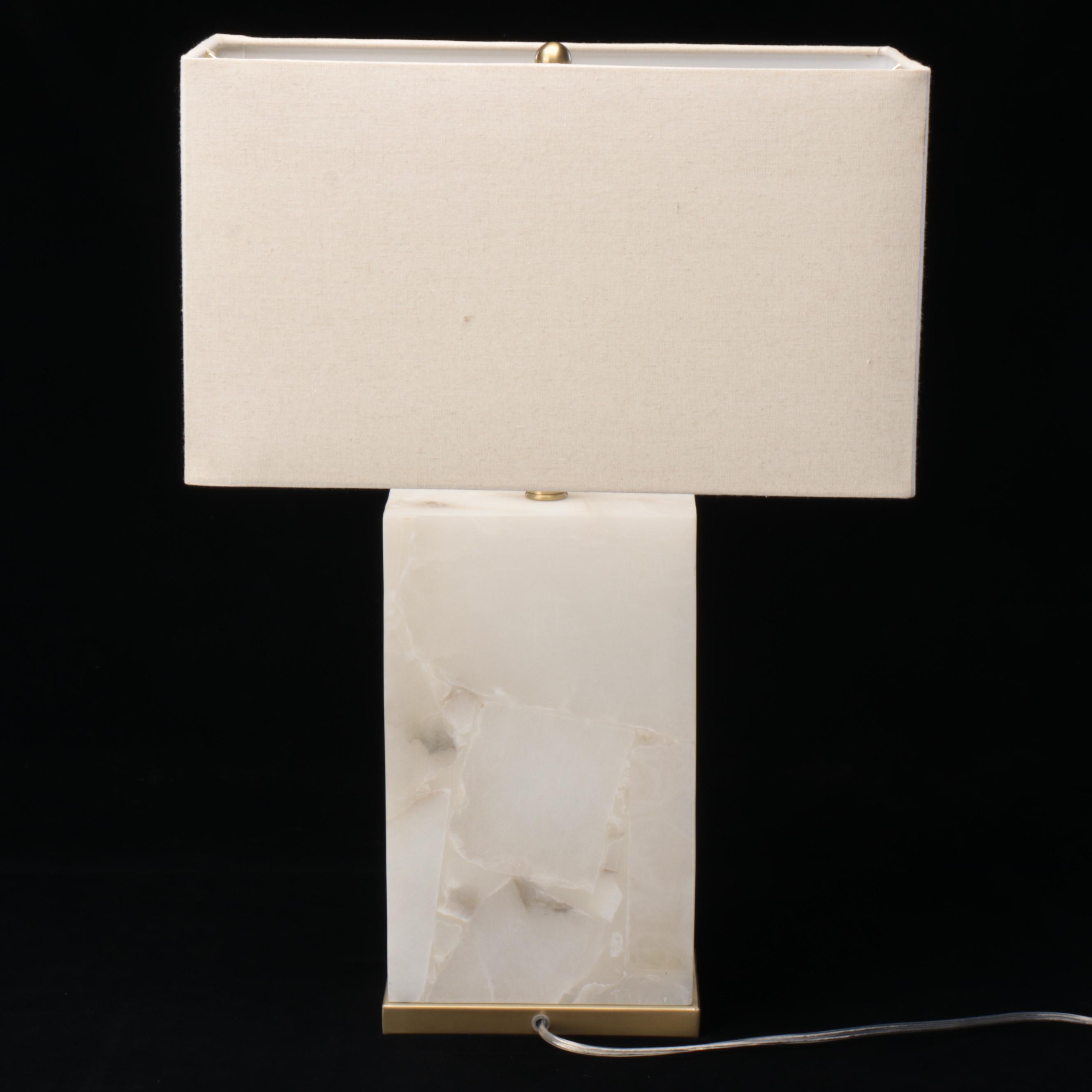 Square Alabaster Table Lamp with Brass Base and Cotton Square Drum Shade