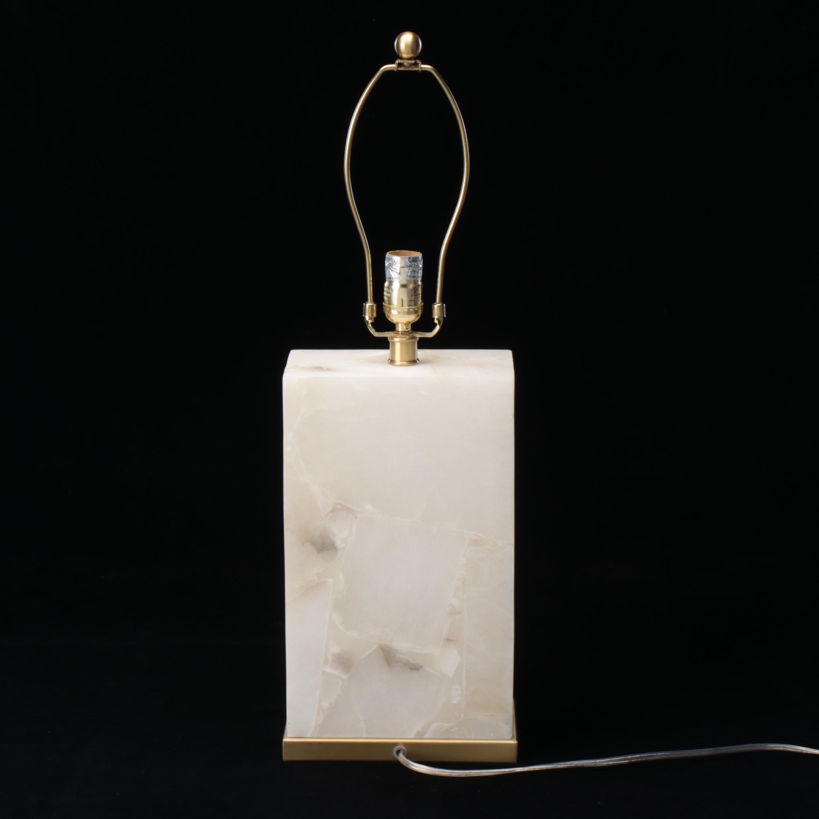 Square Alabaster Table Lamp with Brass Base and Cotton Square Drum Shade