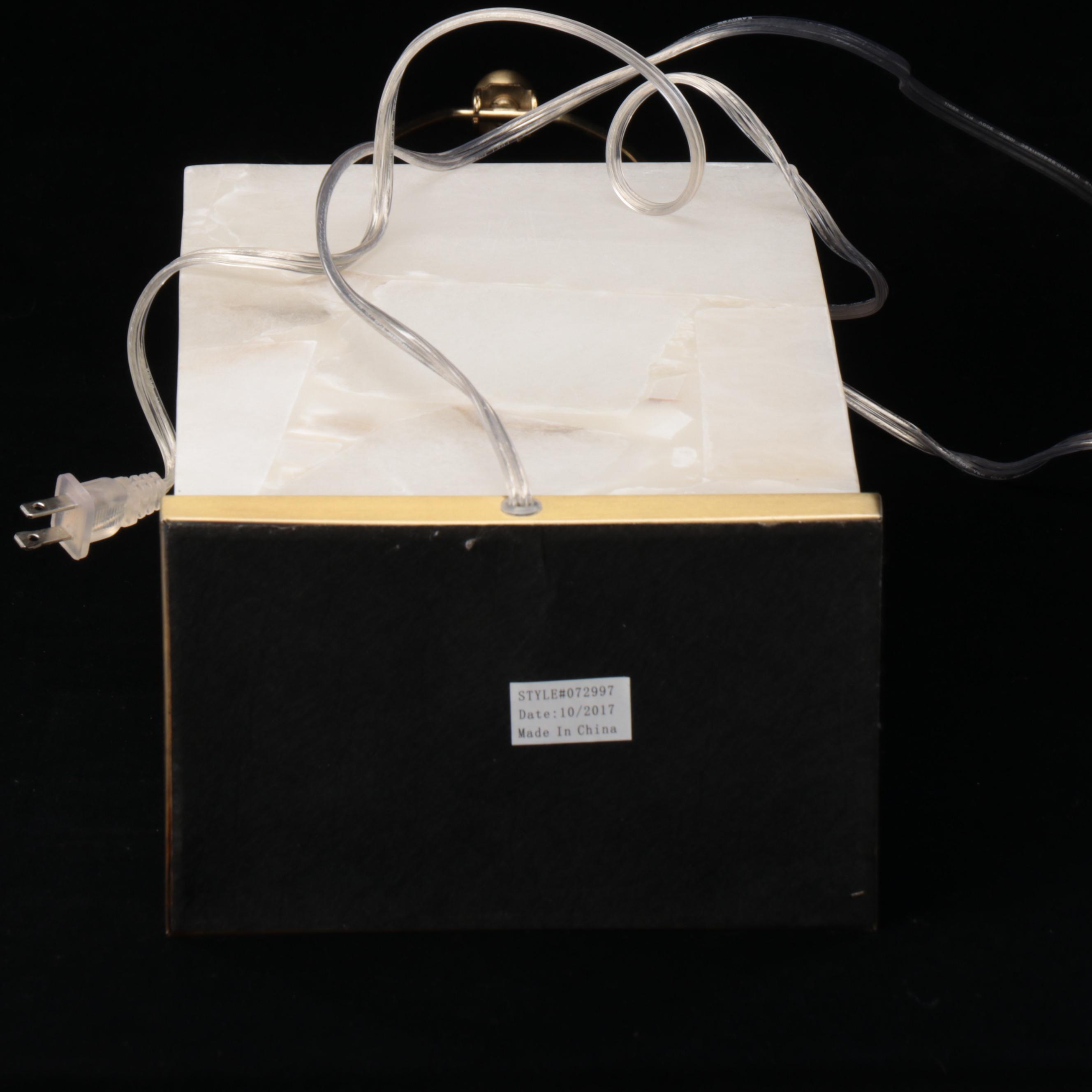 Square Alabaster Table Lamp with Brass Base and Cotton Square Drum Shade