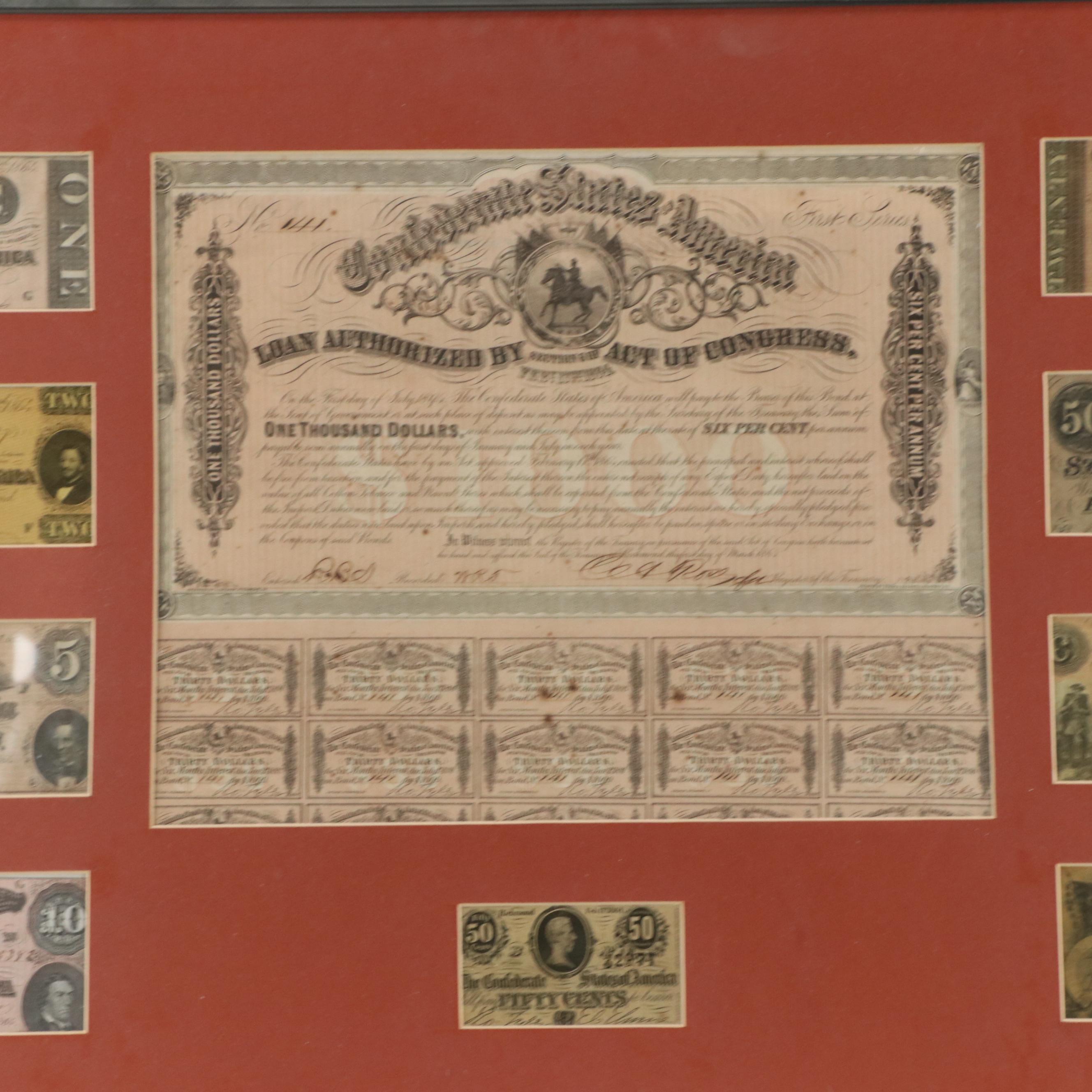 Confederate States of America Bond Coupons and Notes up to $500