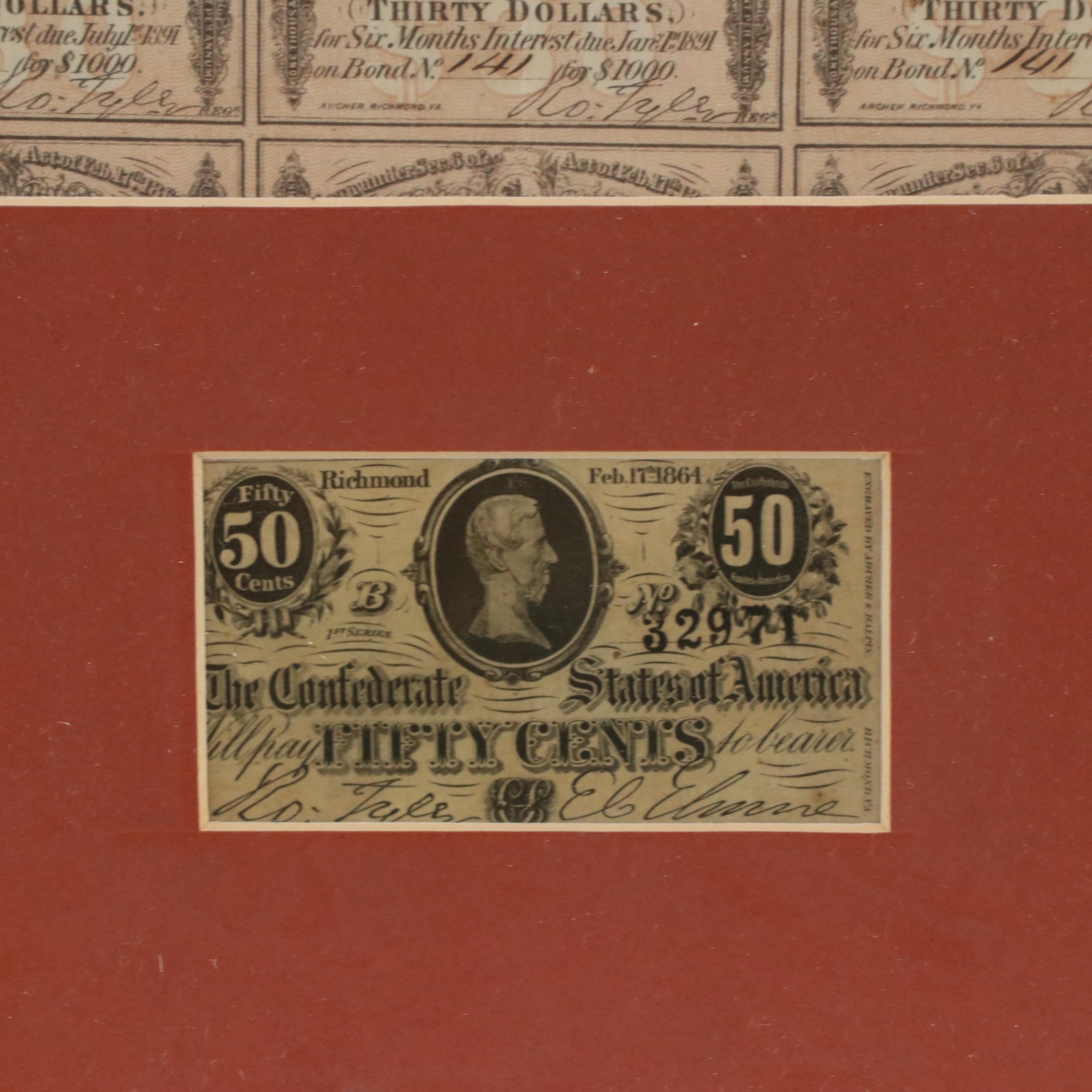 Confederate States of America Bond Coupons and Notes up to $500