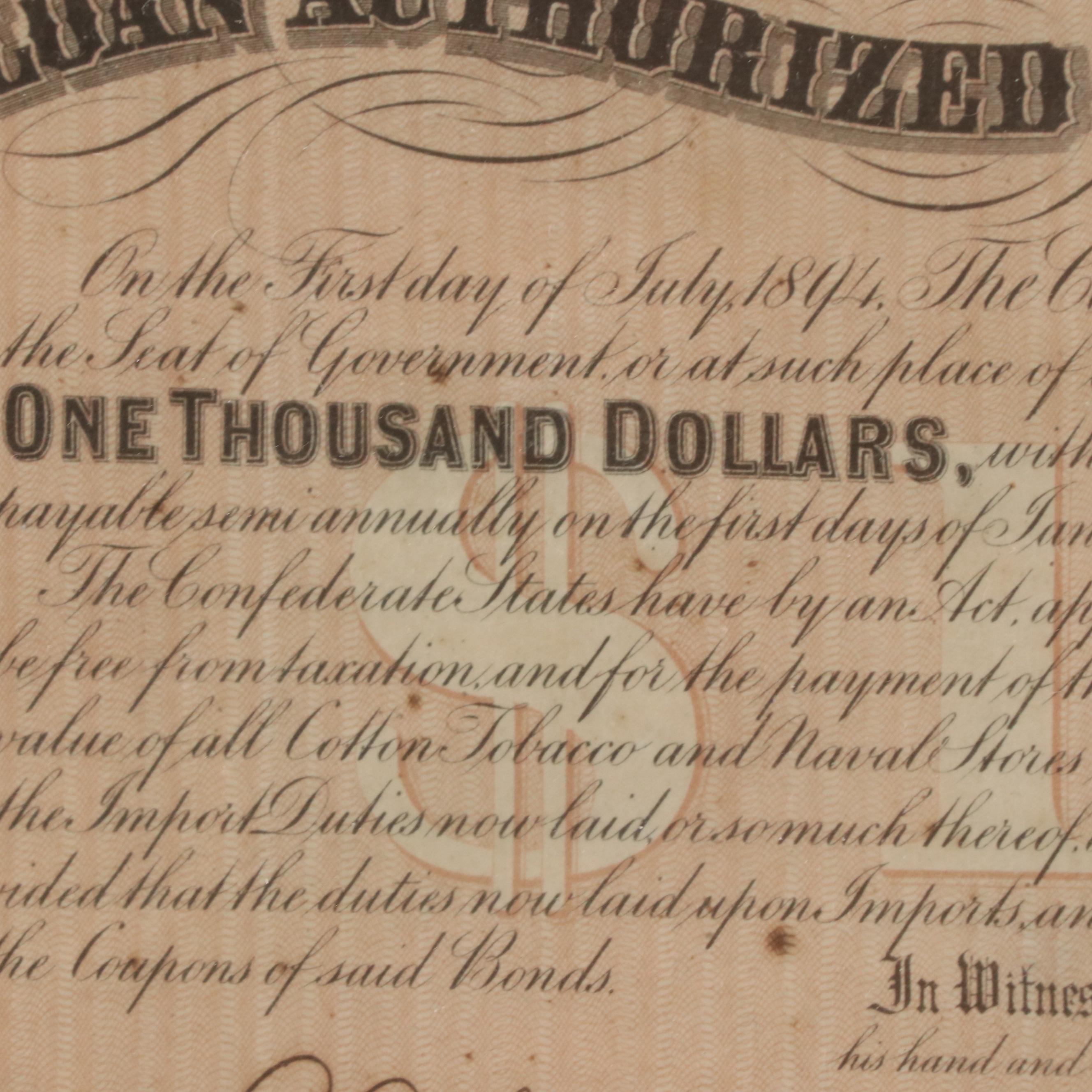 Confederate States of America Bond Coupons and Notes up to $500