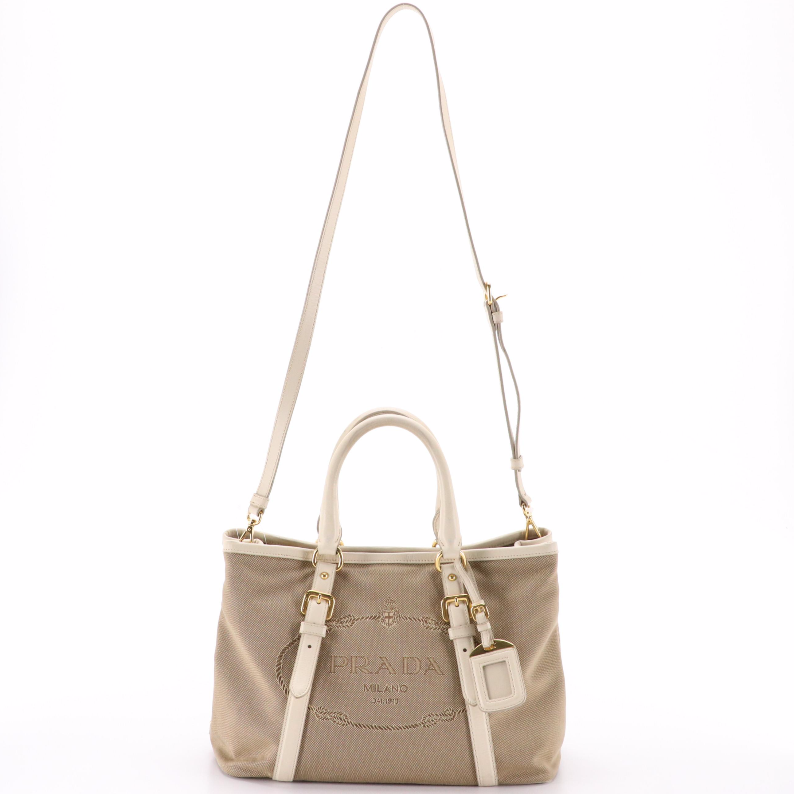 Prada Canapa Logo Two-Way Tote Bag in Beige Canvas with White Leather Trim