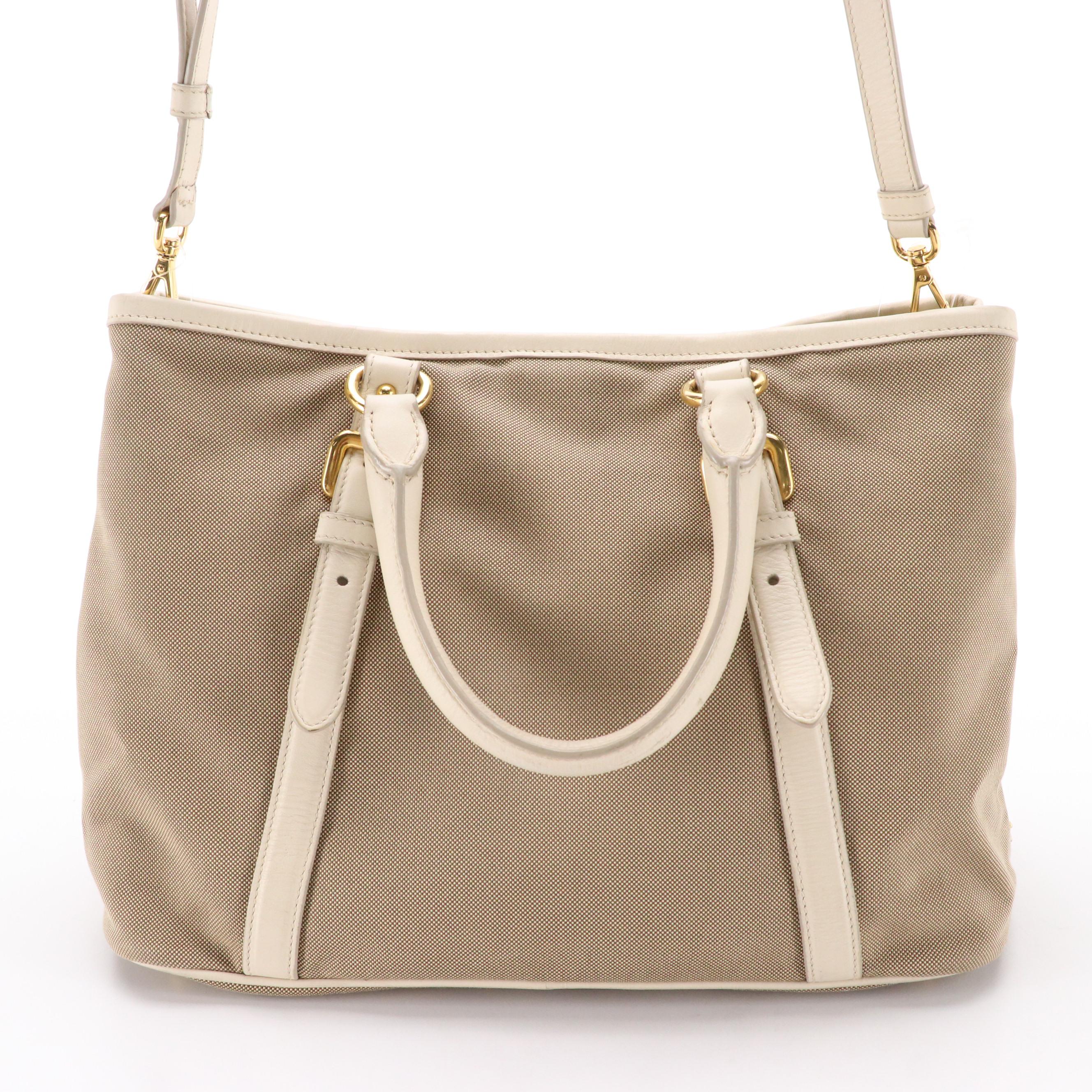 Prada Canapa Logo Two-Way Tote Bag in Beige Canvas with White Leather Trim