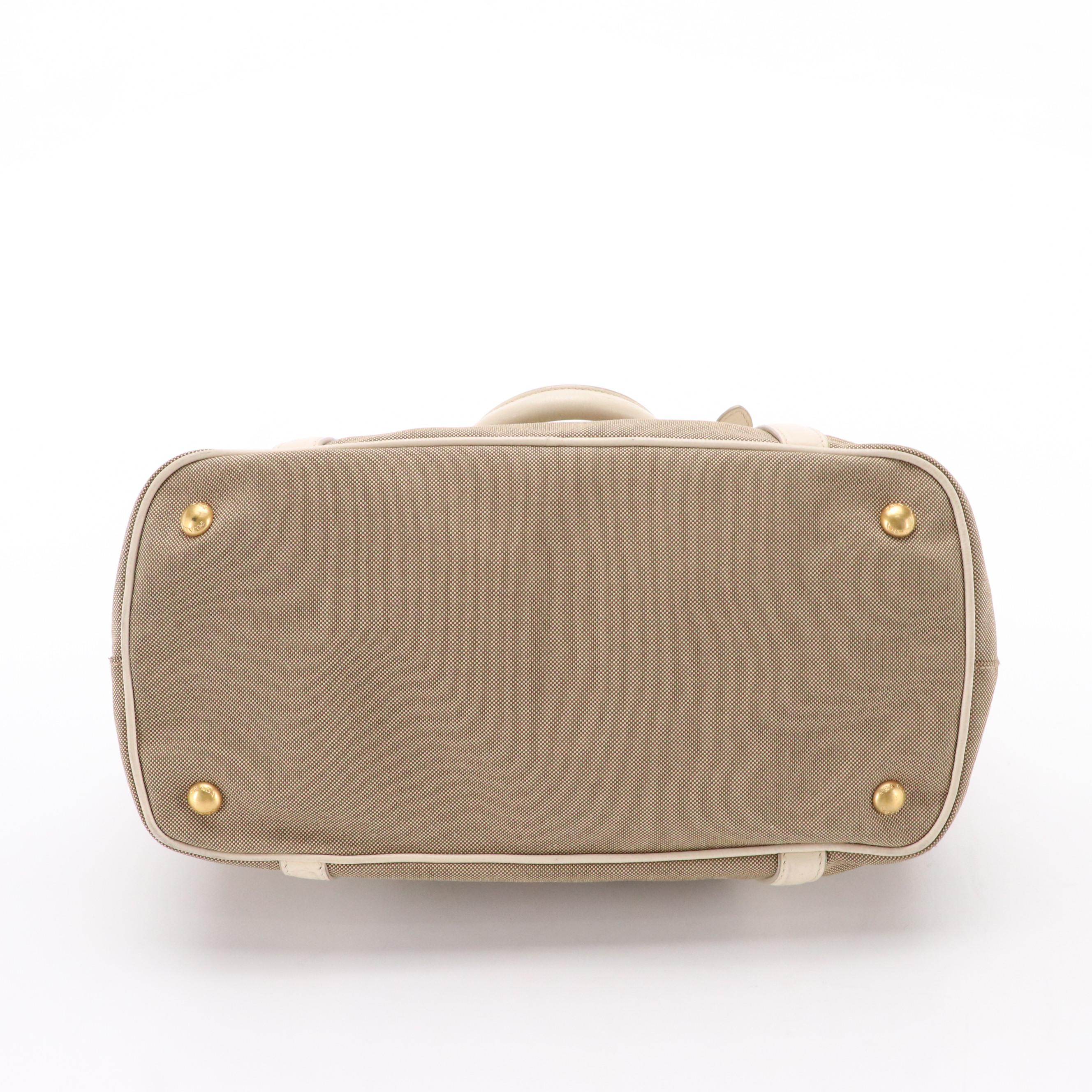Prada Canapa Logo Two-Way Tote Bag in Beige Canvas with White Leather Trim