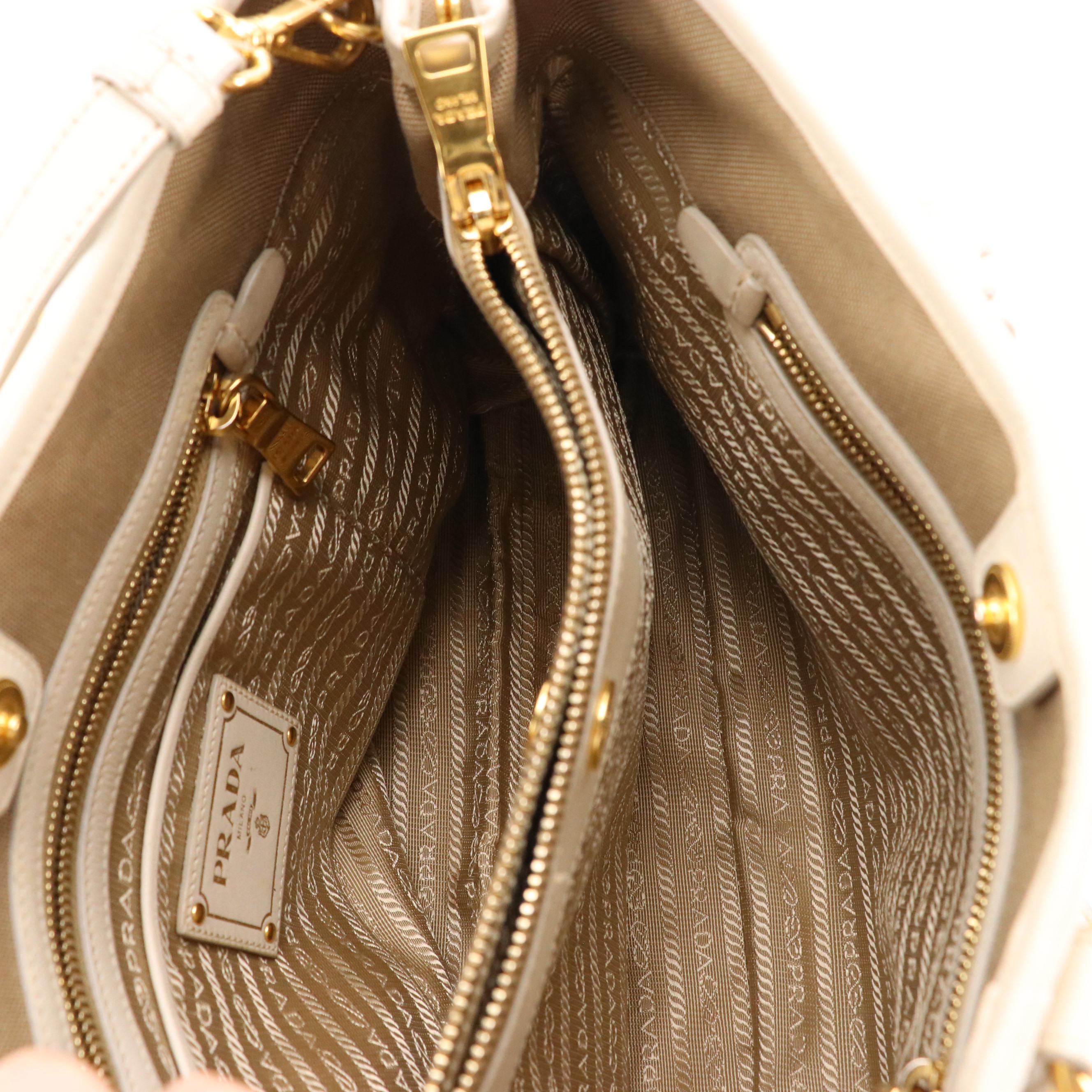 Prada Canapa Logo Two-Way Tote Bag in Beige Canvas with White Leather Trim