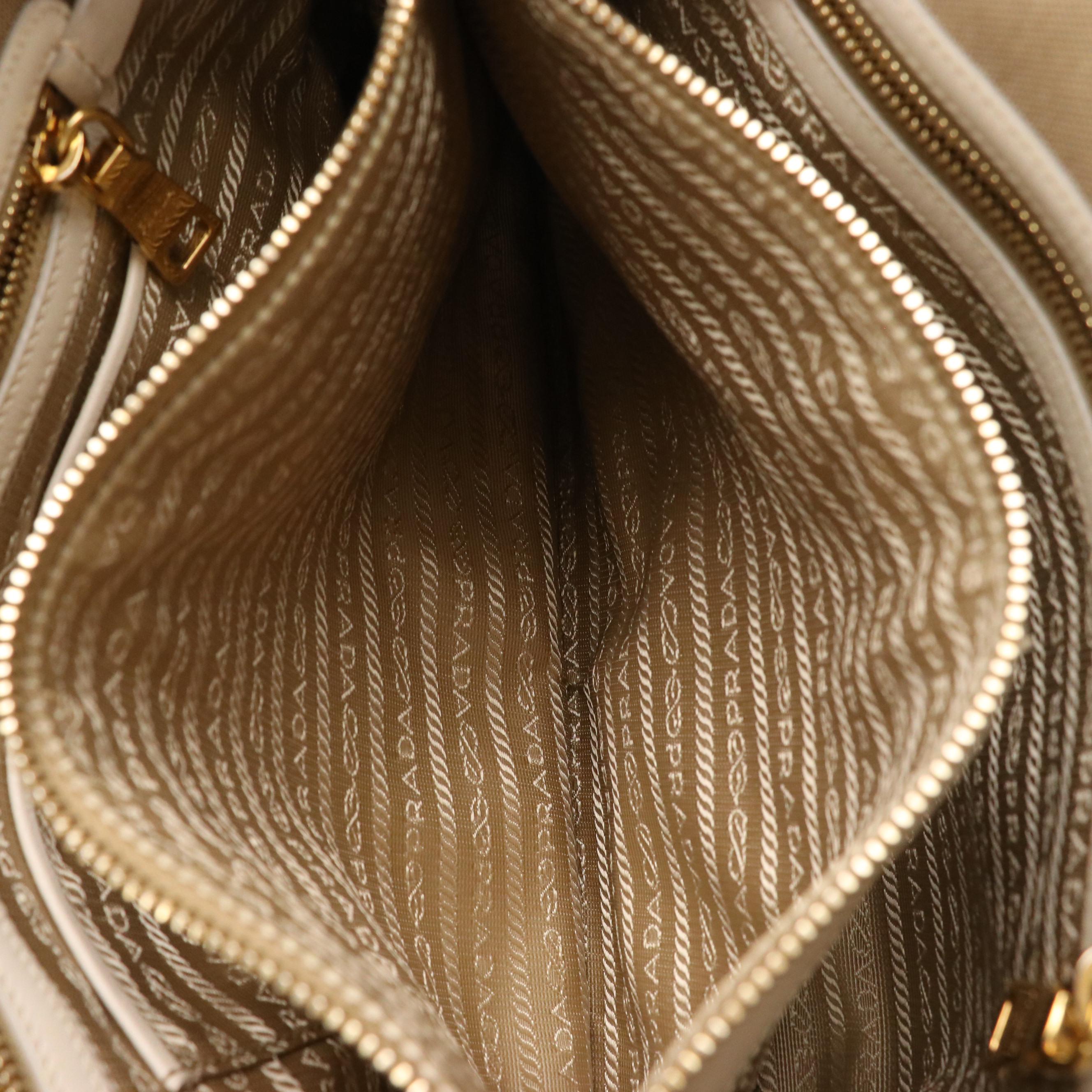 Prada Canapa Logo Two-Way Tote Bag in Beige Canvas with White Leather Trim