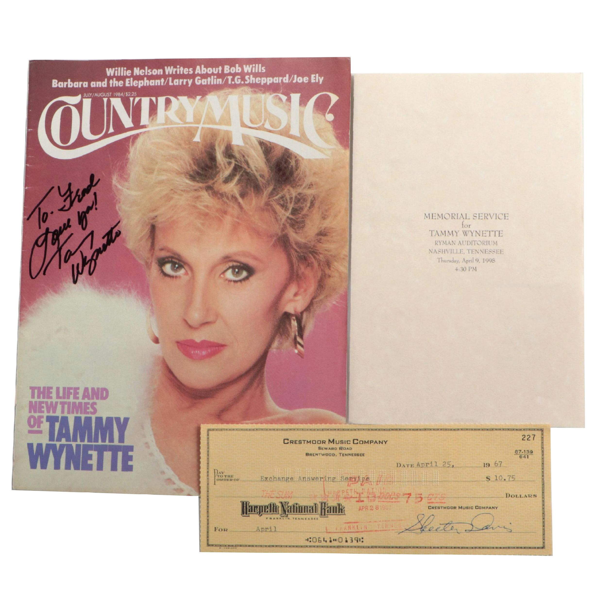 Tammy Wynette Signed "Country Music" Cover with Funeral Program and Check