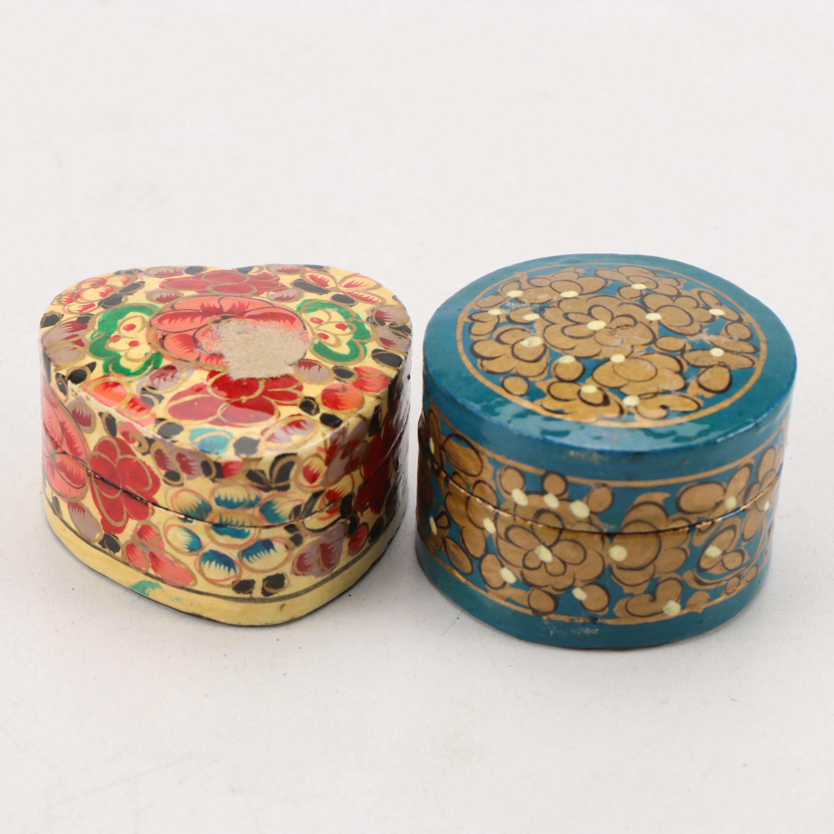 Indian Folk Art Hand-Painted Kashmiri Papier-Mâché Boxes