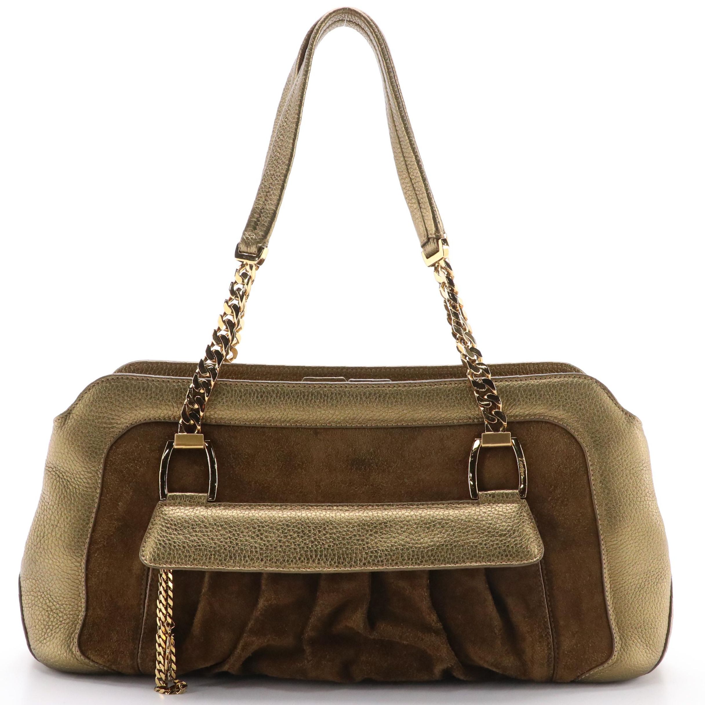 Cartier La Dona Shoulder Satchel in Mocha Brown Suede and Metallic Gold Leather