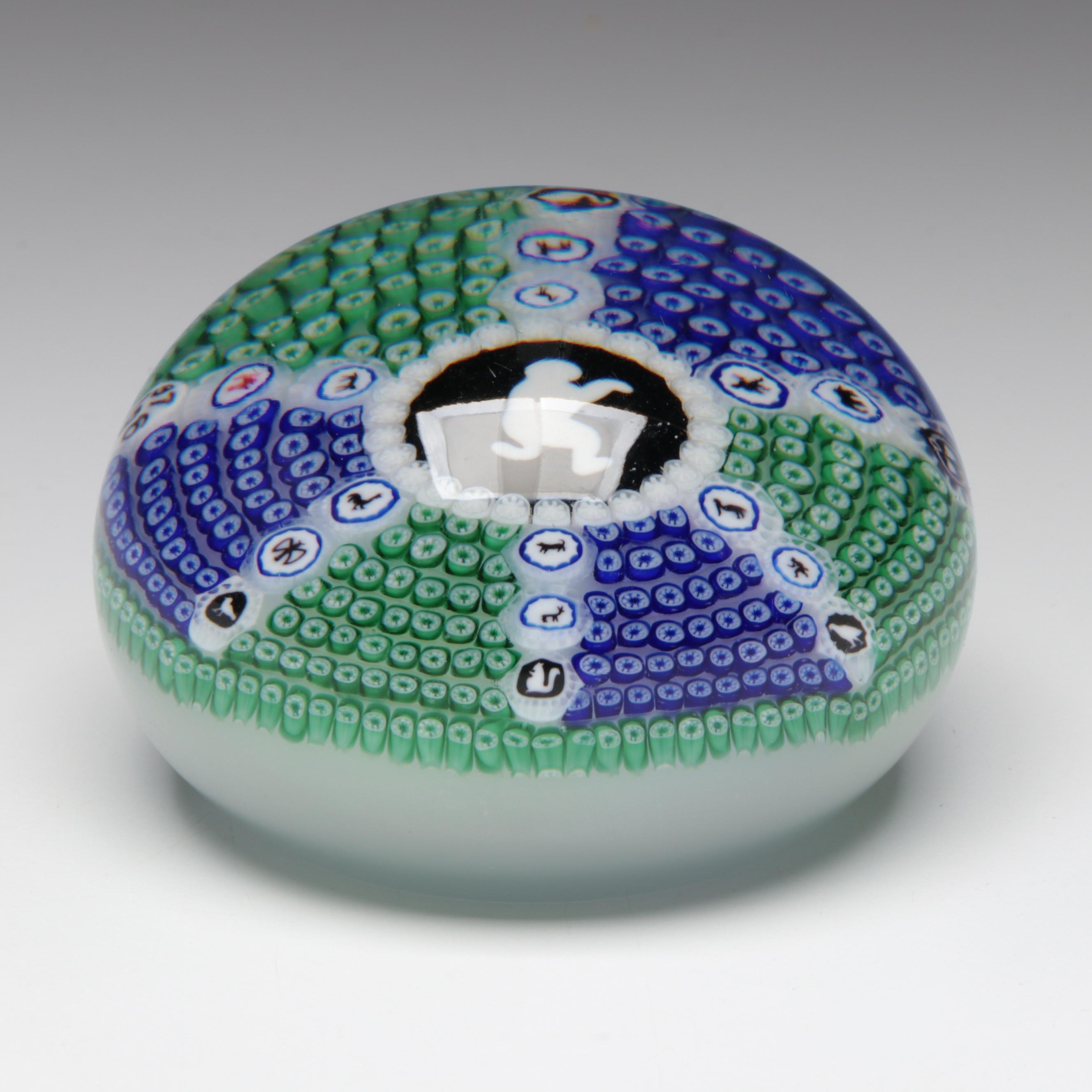 Baccarat Gridel Series L/E White Monkey Millefiori Art Glass Paperweight, 1976